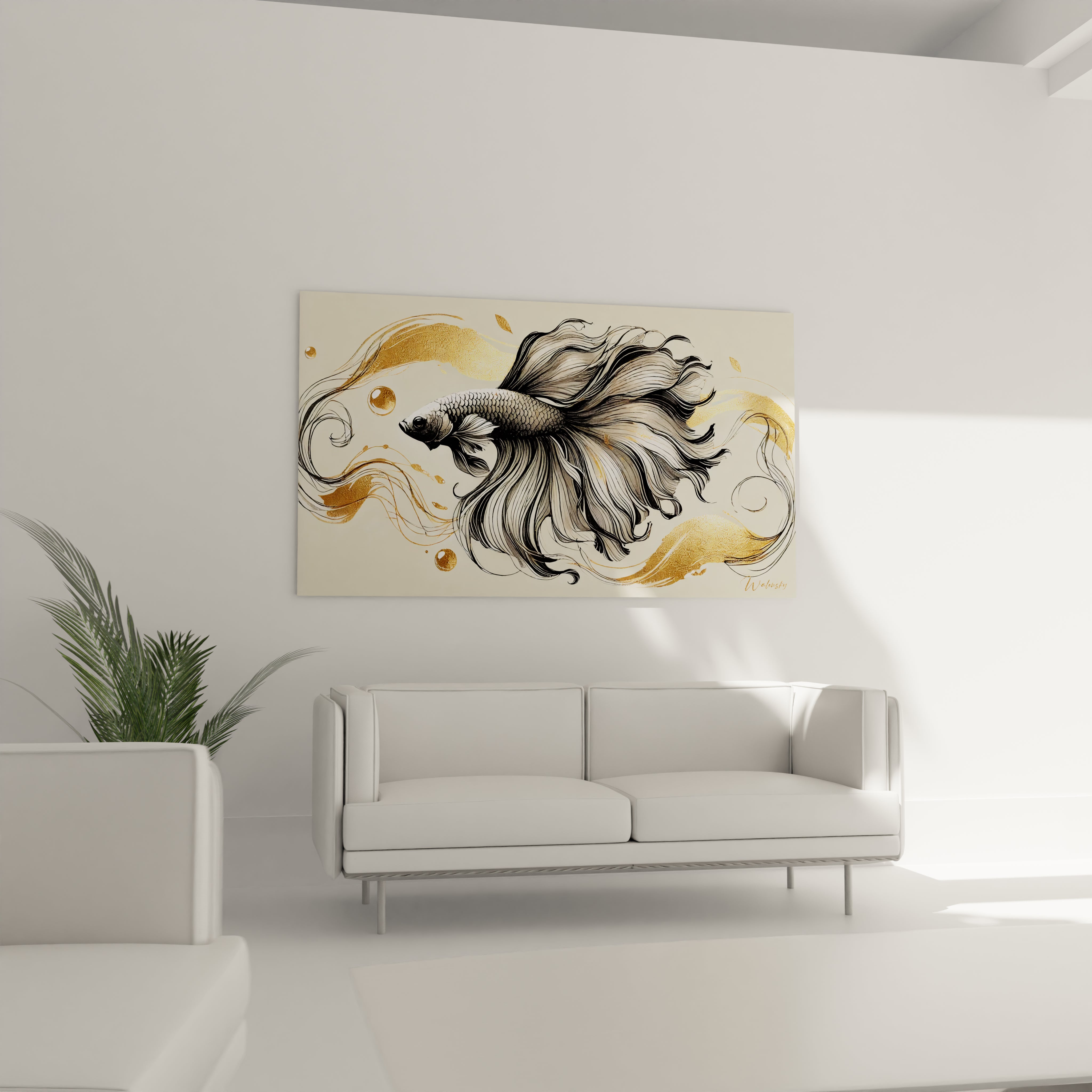 tableau poisson betta accroché au mur au dessus d un canapé dans un salon touches dorées apportent du luxe au décor poisson betta représenté avec des lignes détaillées et stylisées