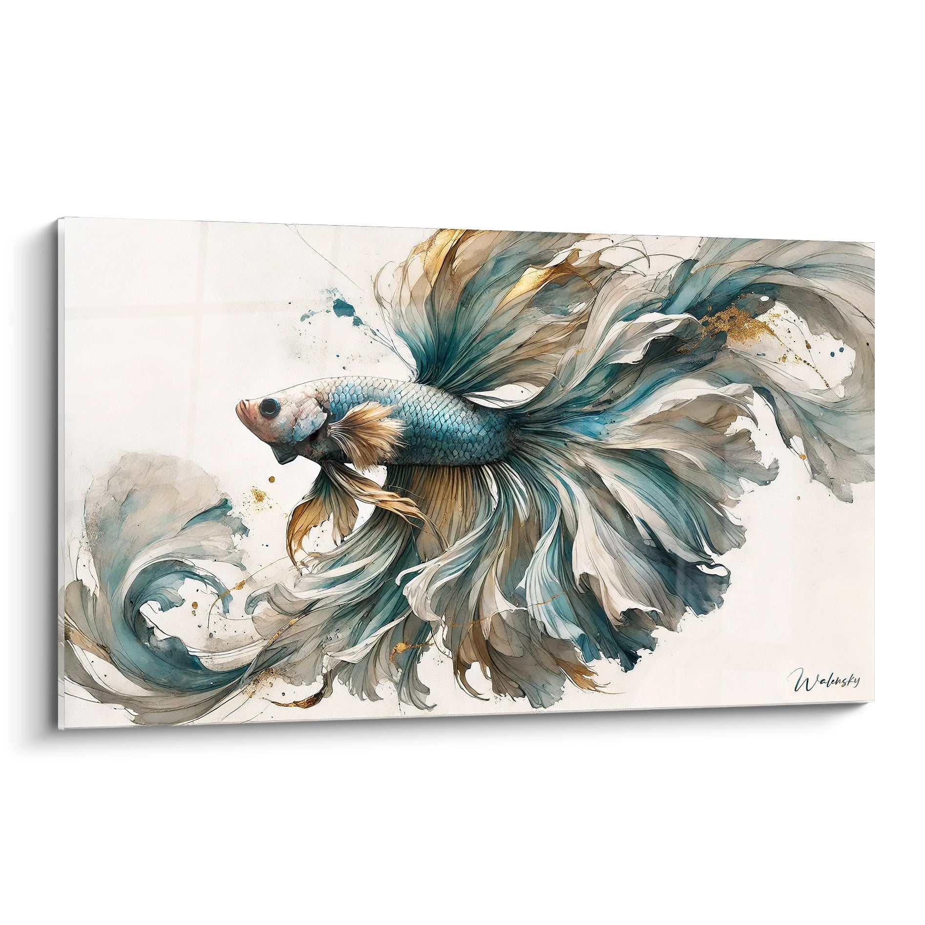 Ce tableau poisson betta est presente en vue de biais pour apprecier les details des couleurs bleu, beige et or. Une representation elegante et captivante de la vie aquatique ideale pour tout interieur