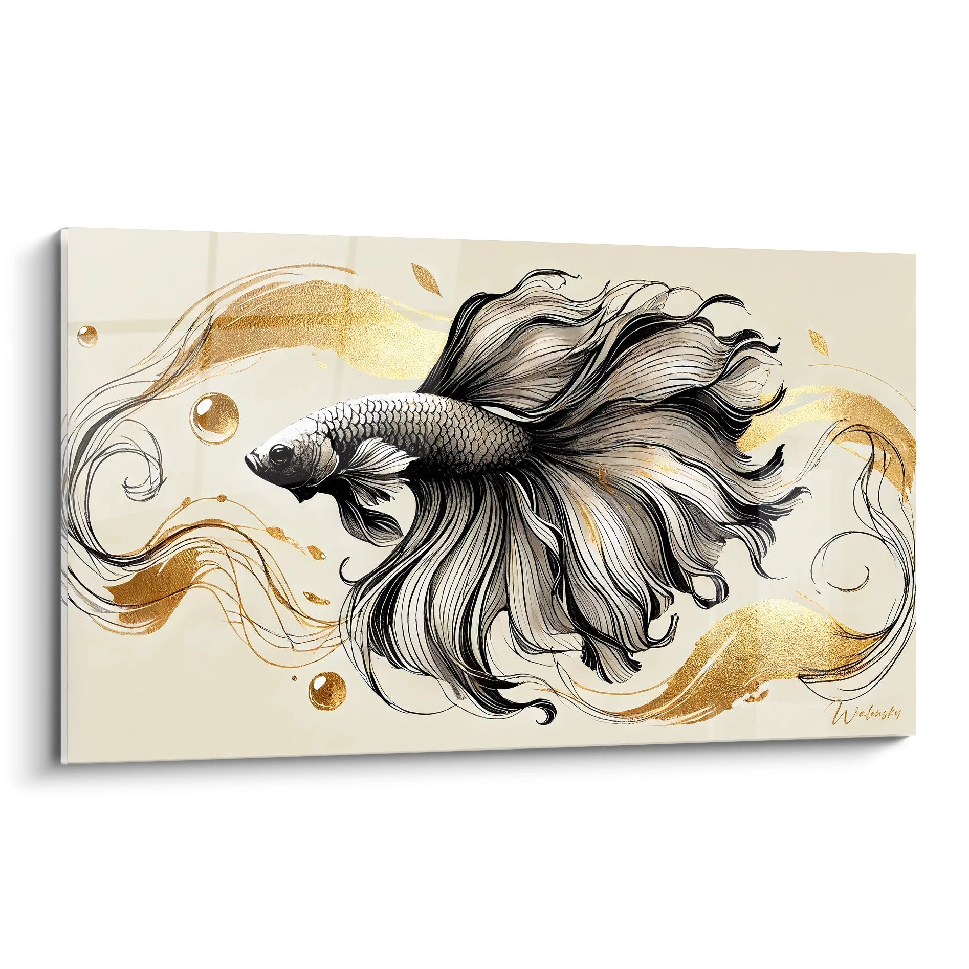  tableau poisson betta stylisé en noir et or vue de biais contraste des couleurs sombres et touches dorées apporte une touche de sophistication et de luxe ideal pour une deco moderne