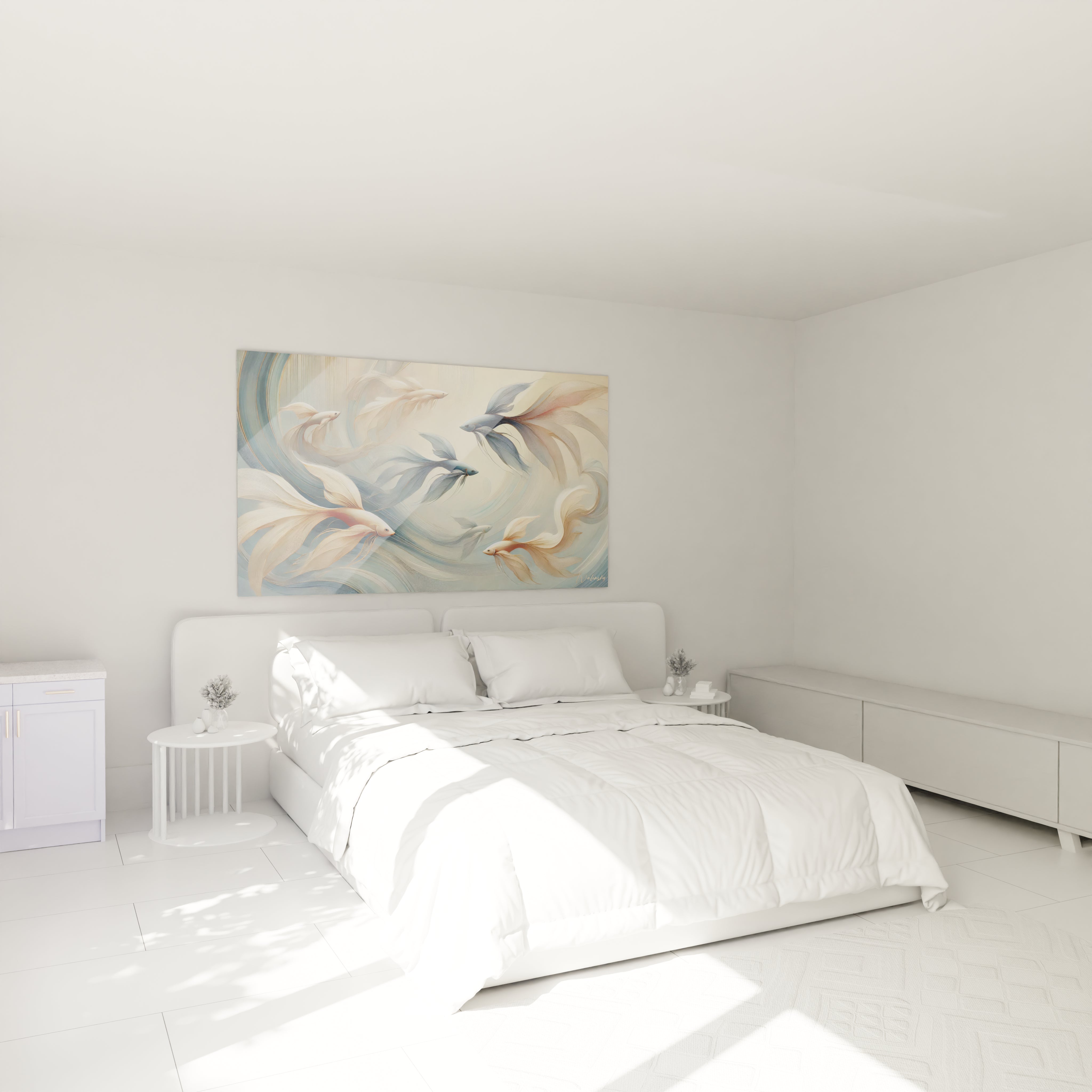 Le tableau poisson est parfait pour une chambre. Accroché au-dessus du lit, il diffuse une ambiance calme et relaxante, grace a ses couleurs douces et son design harmonieux inspire par la nature sous-marine.