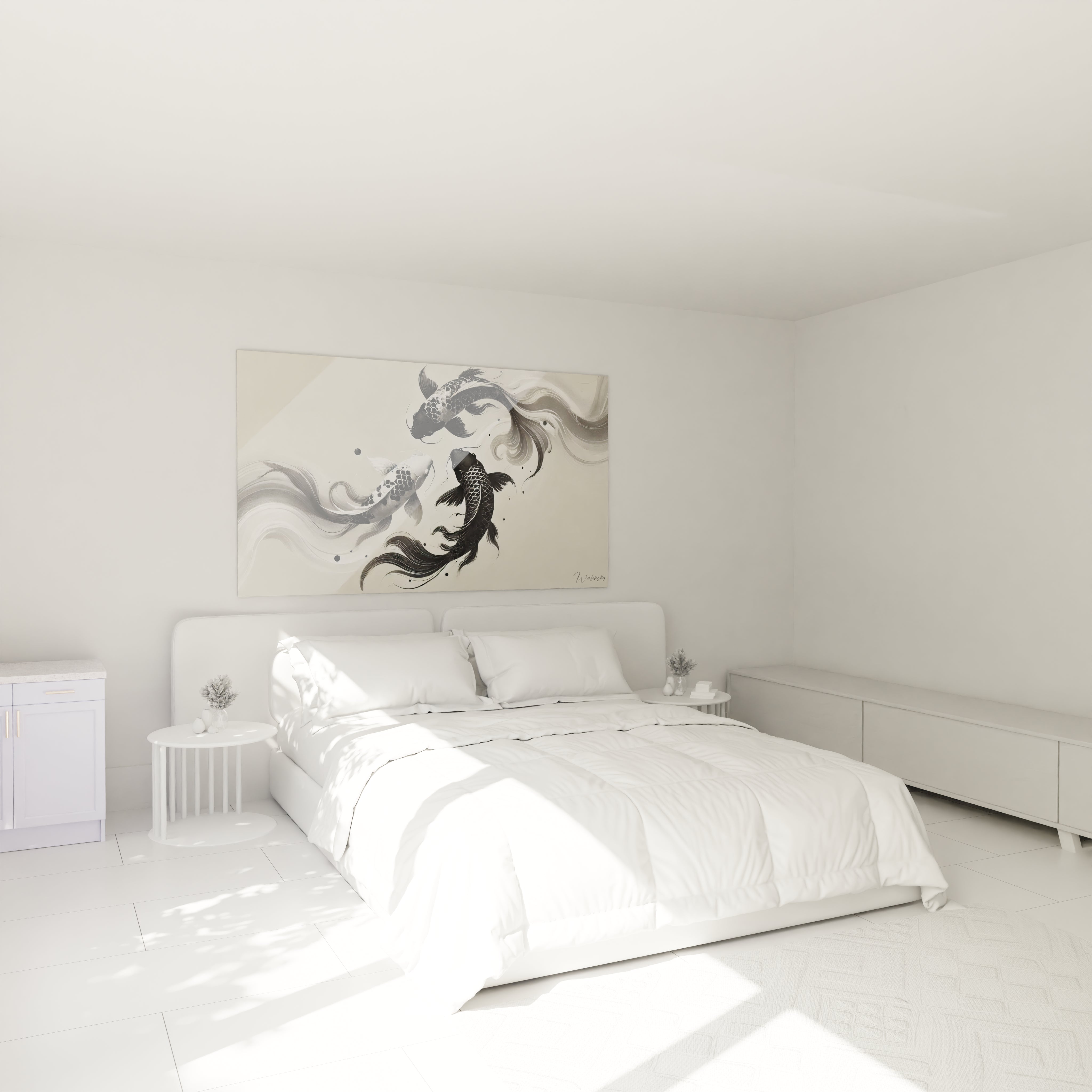 decoration epuree avec tableau poisson au dessus du lit dans une chambre moderne ses nuances de gris et sa representation abstraite ajoutent une touche apaisante et harmonieuse

