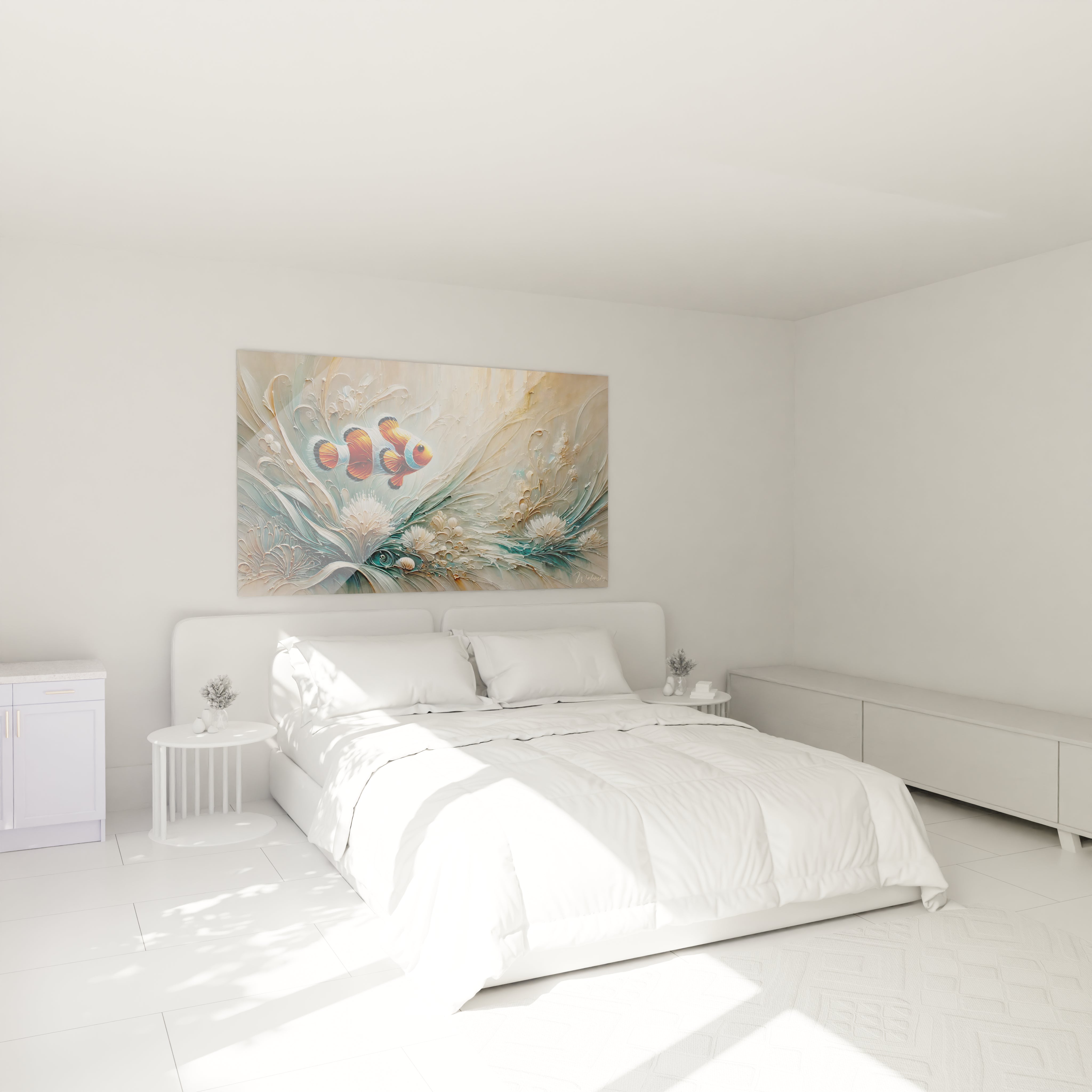 tableau poisson au dessus du lit pour une chambre reposante il ajoute une touche artistique marine avec ses nuances de bleu beige et orange apportant une ambiance zen et elegante a l ensemble

