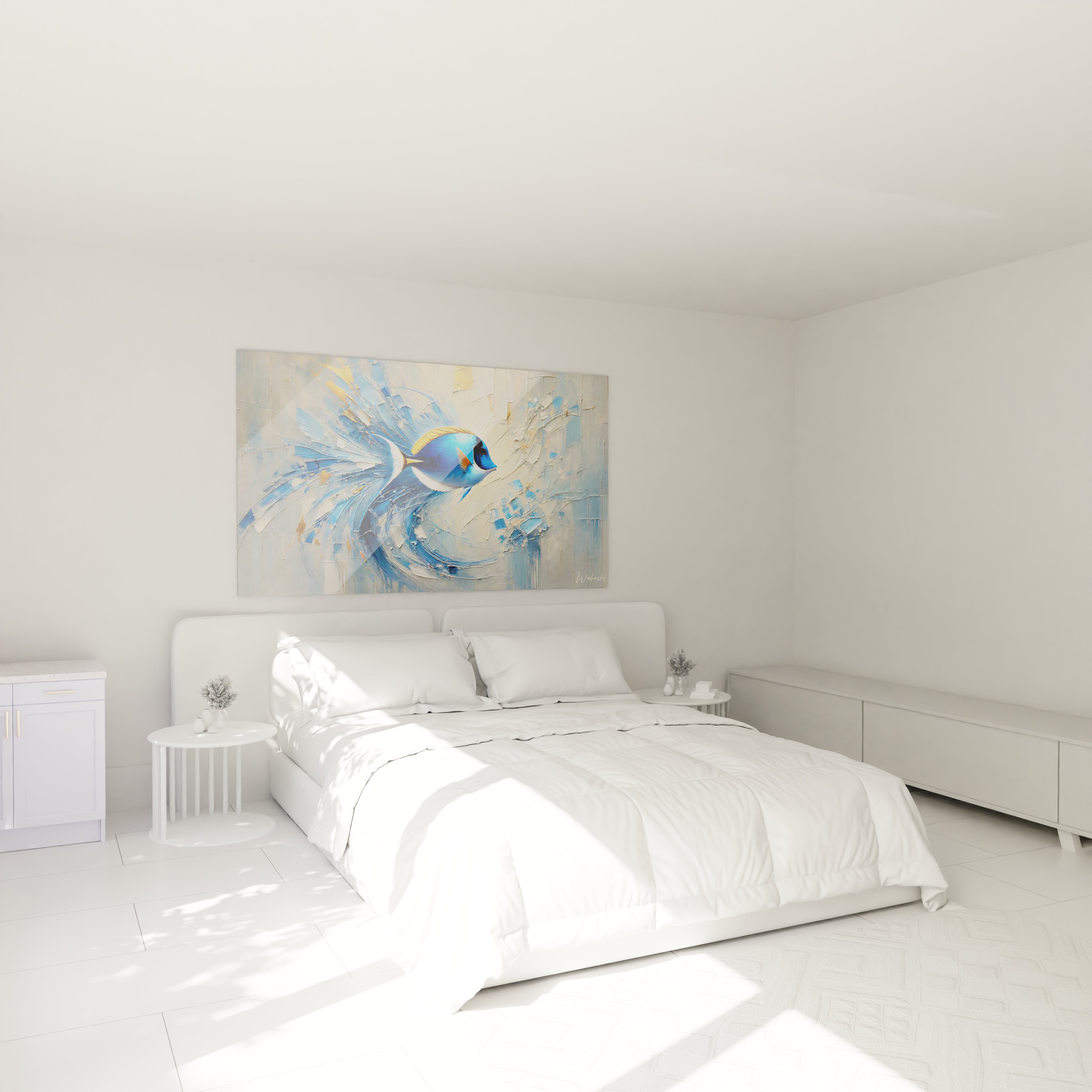 dans cette chambre le tableau poisson au dessus du lit apporte une touche de serenite avec ses tons bleus profonds et ses reflets dores parfait pour creer une ambiance apaisante et harmonieuse

