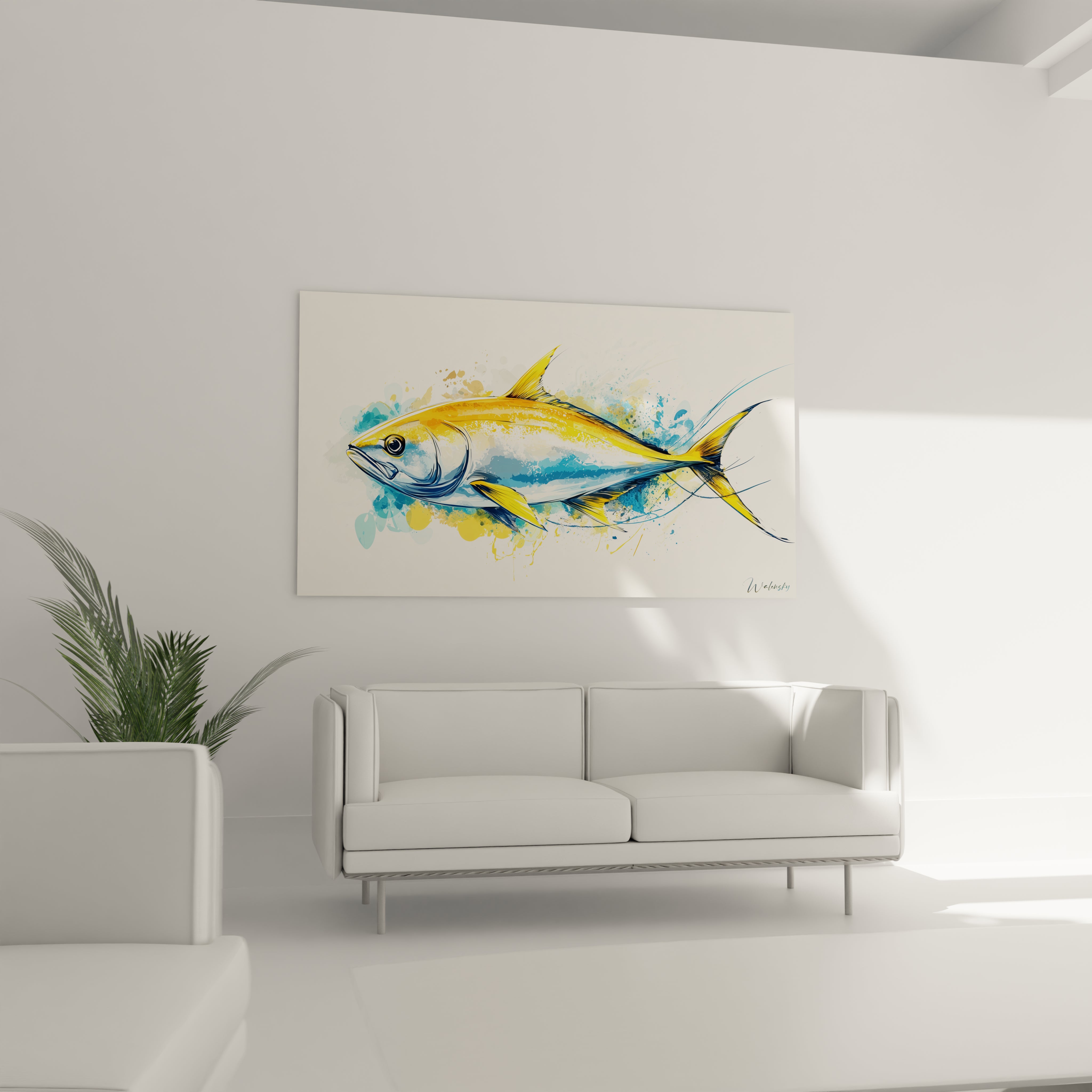 Un tableau poisson mettant en scène un poisson aux nuances dorées et bleutées, avec des textures éclatées et des projections de couleur simulant un environnement aquatique.

