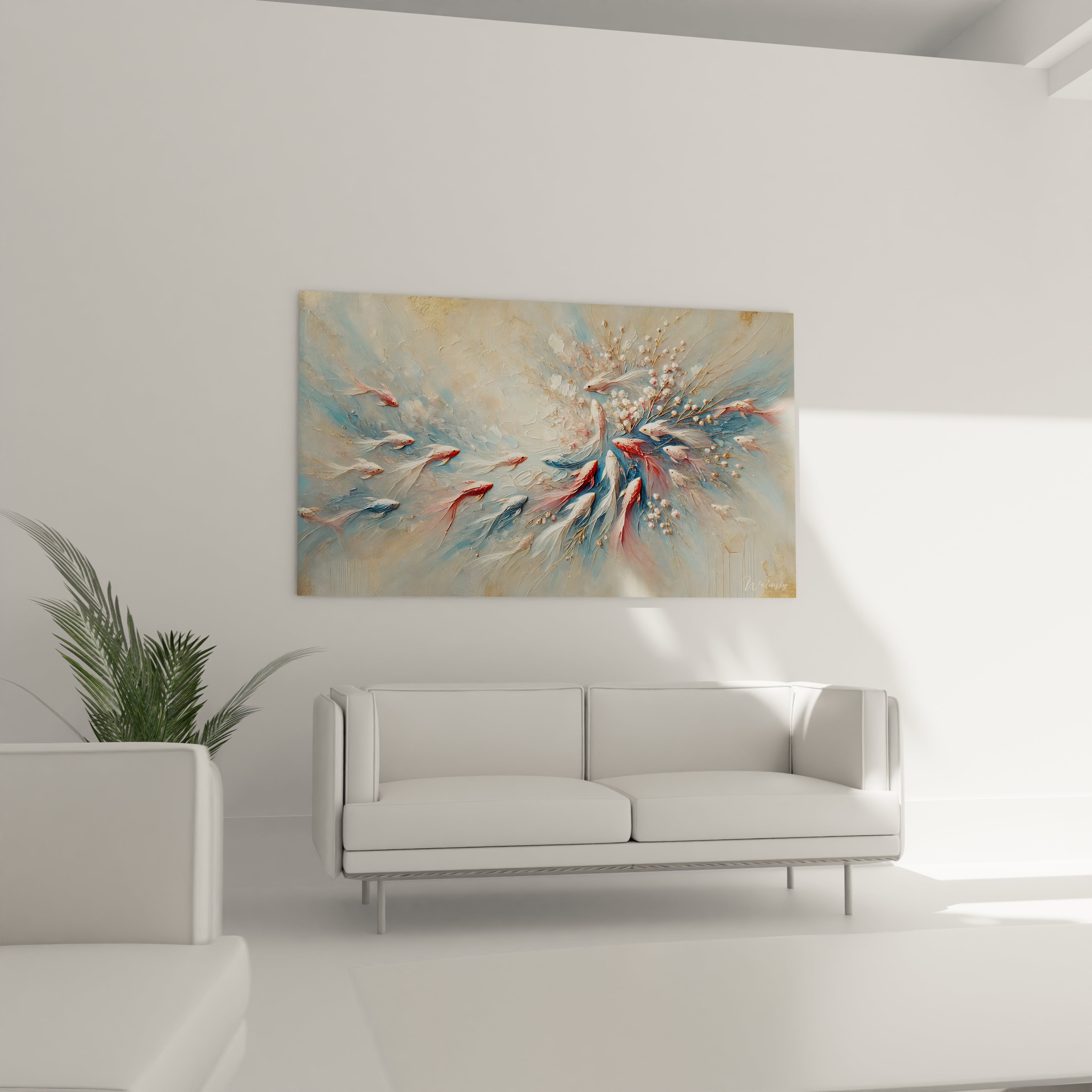 tableau poisson dans un salon modernise l espace avec des couleurs pastel et des poissons stylises apportant serenite et legerete. Une oeuvre d art parfaite pour votre decoration murale

