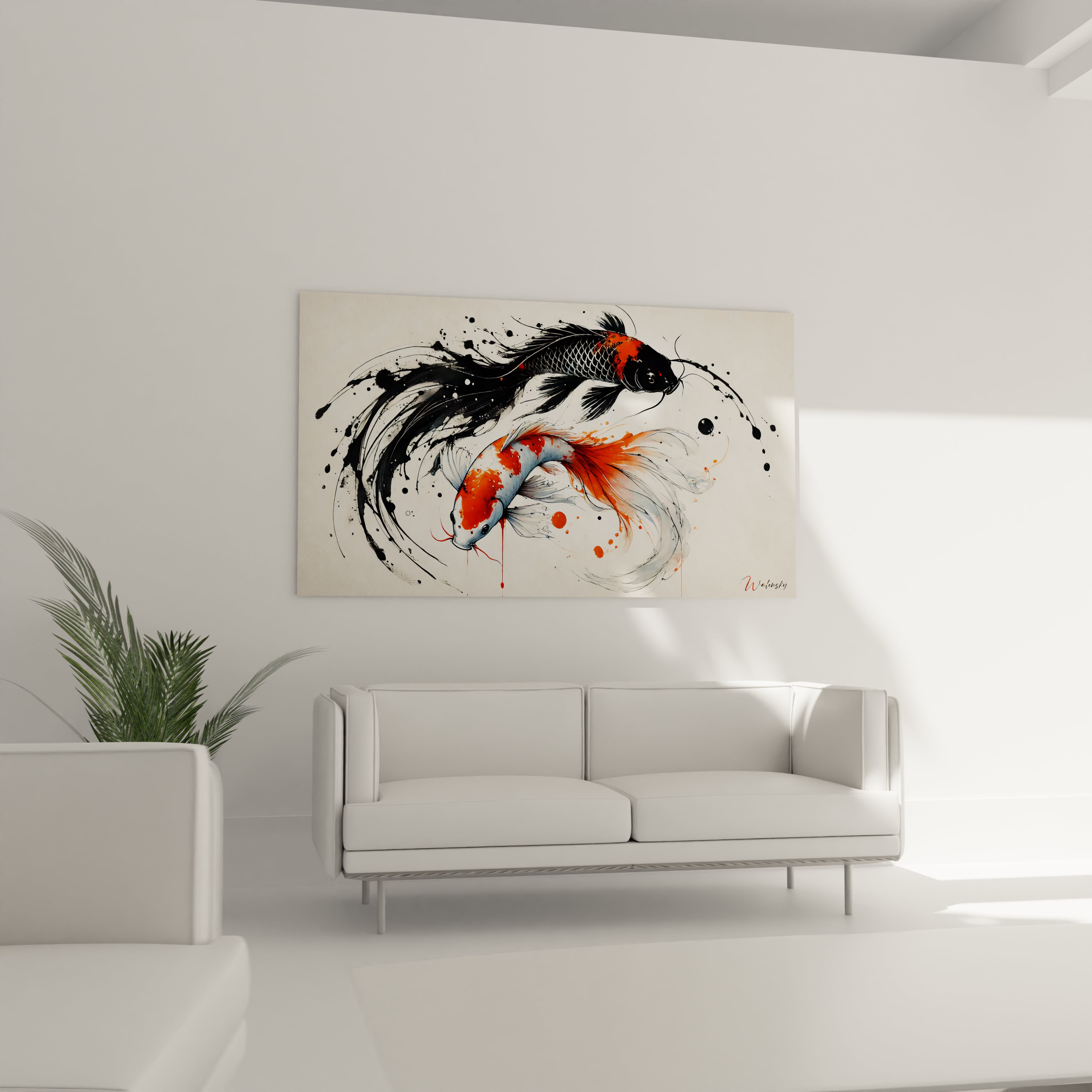 tableau poisson dans le salon au-dessus du canapé. Son style graphique vibrant et ses couleurs contrastantes creent une atmosphère contemporaine, parfaite pour moderniser la décoration.

