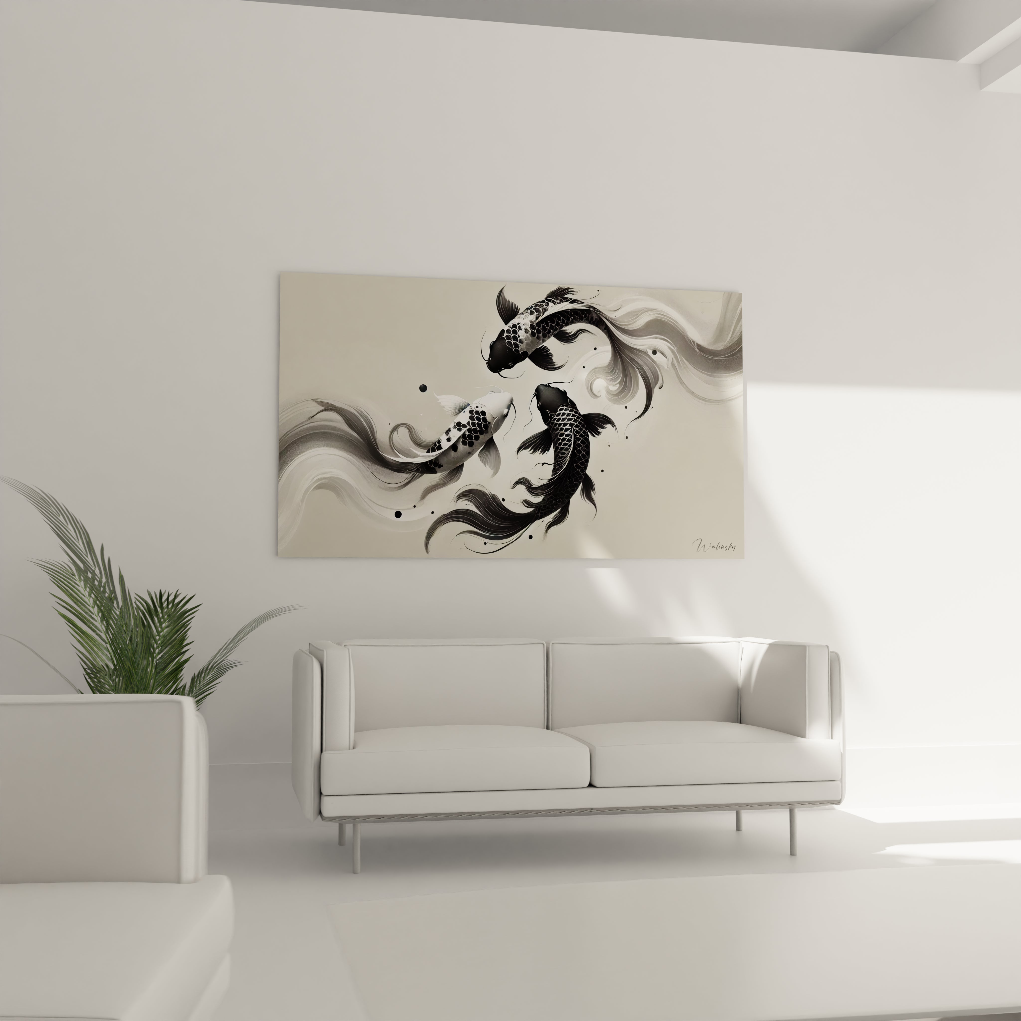 tableau poisson accroche au mur dans un salon au dessus d un canape ideal pour une deco contemporaine ses details subtils et nuances monochromes apportent elegance et equilibre

