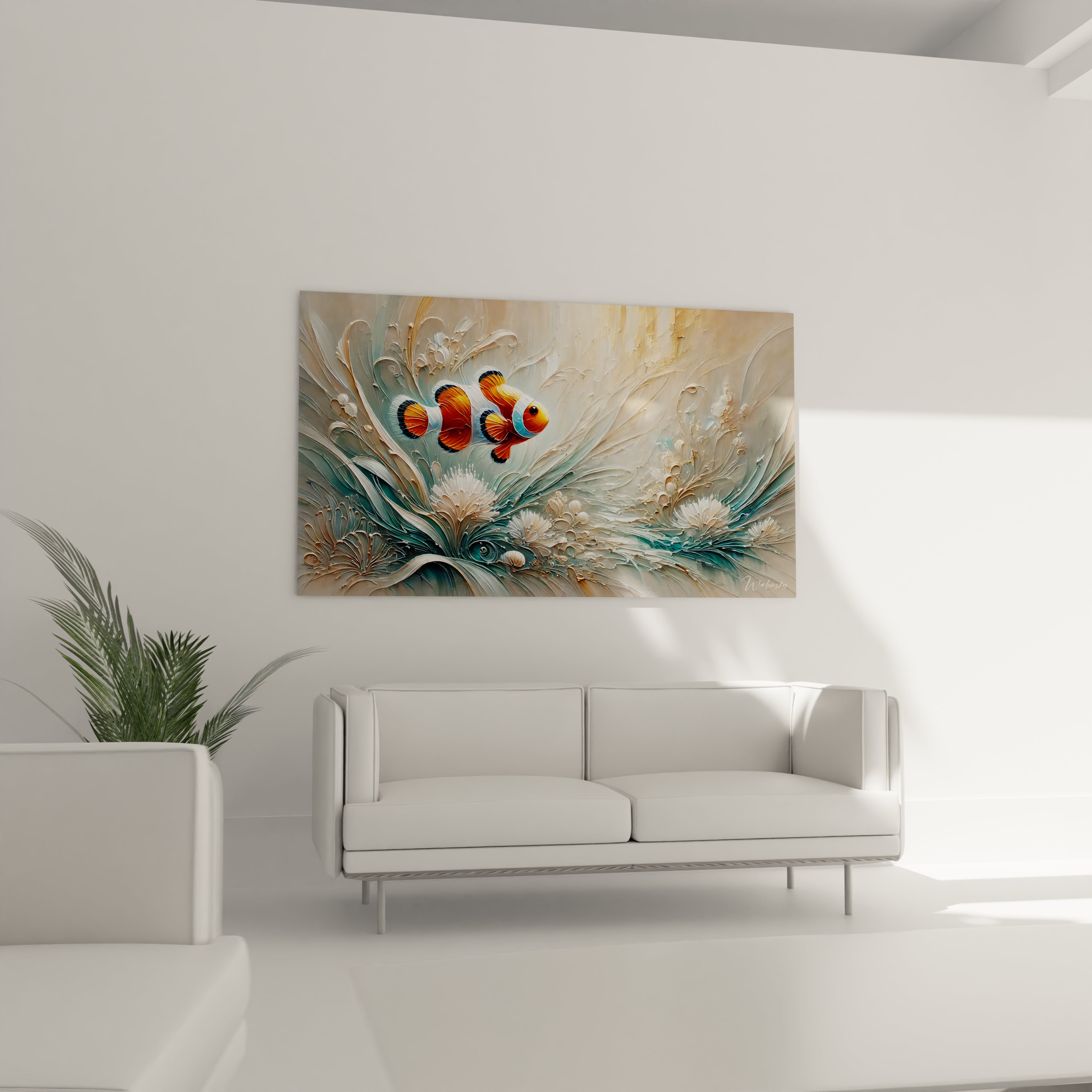 tableau poisson suspendu dans un salon au dessus du canape il illumine la piece avec ses couleurs vives et ses textures soignees un veritable point focal pour un decor moderne et vibrant

