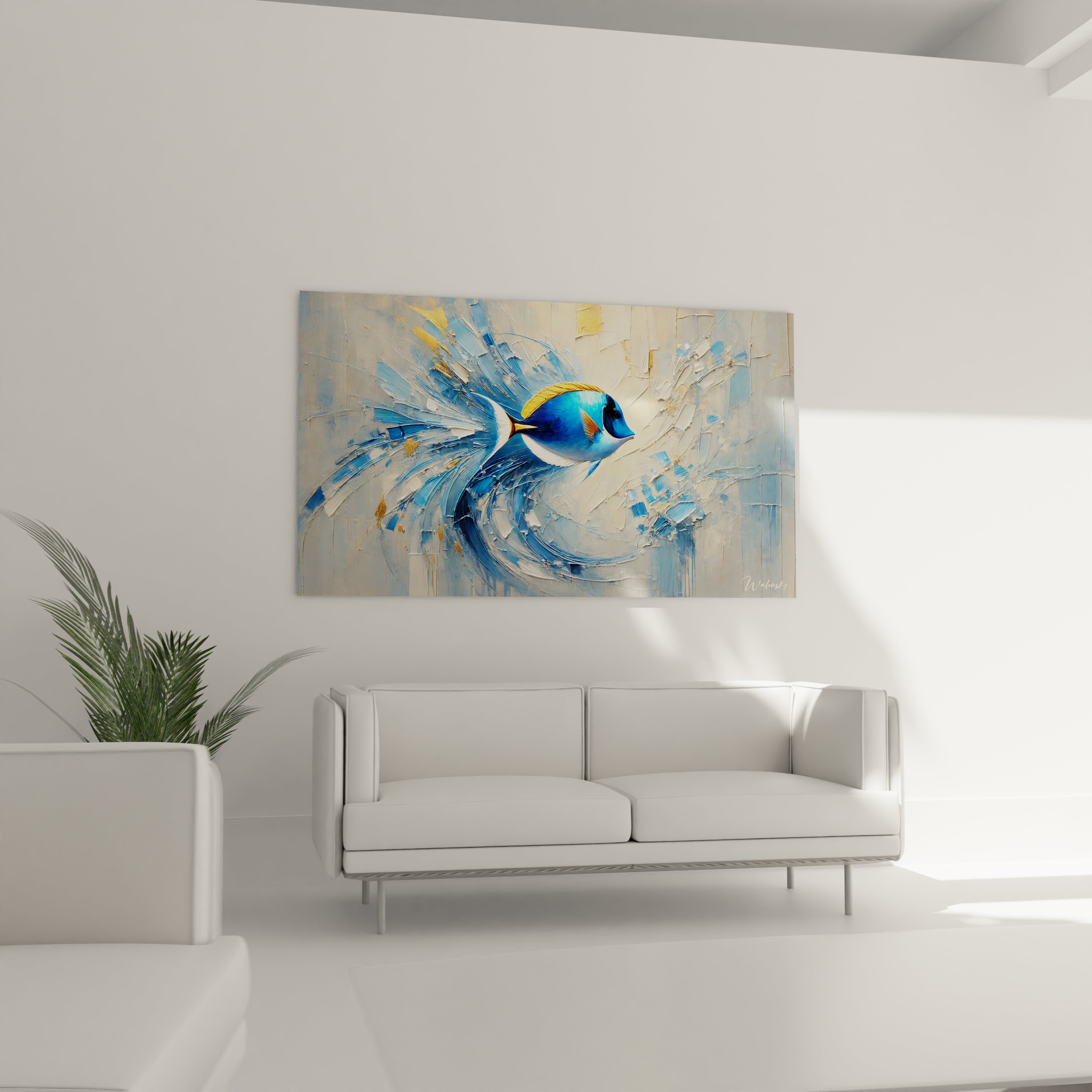 le tableau poisson accroche dans un salon au dessus d un canape attire l attention avec ses teintes vives et ses textures uniques apportant une touche artistique a votre interieur moderne

