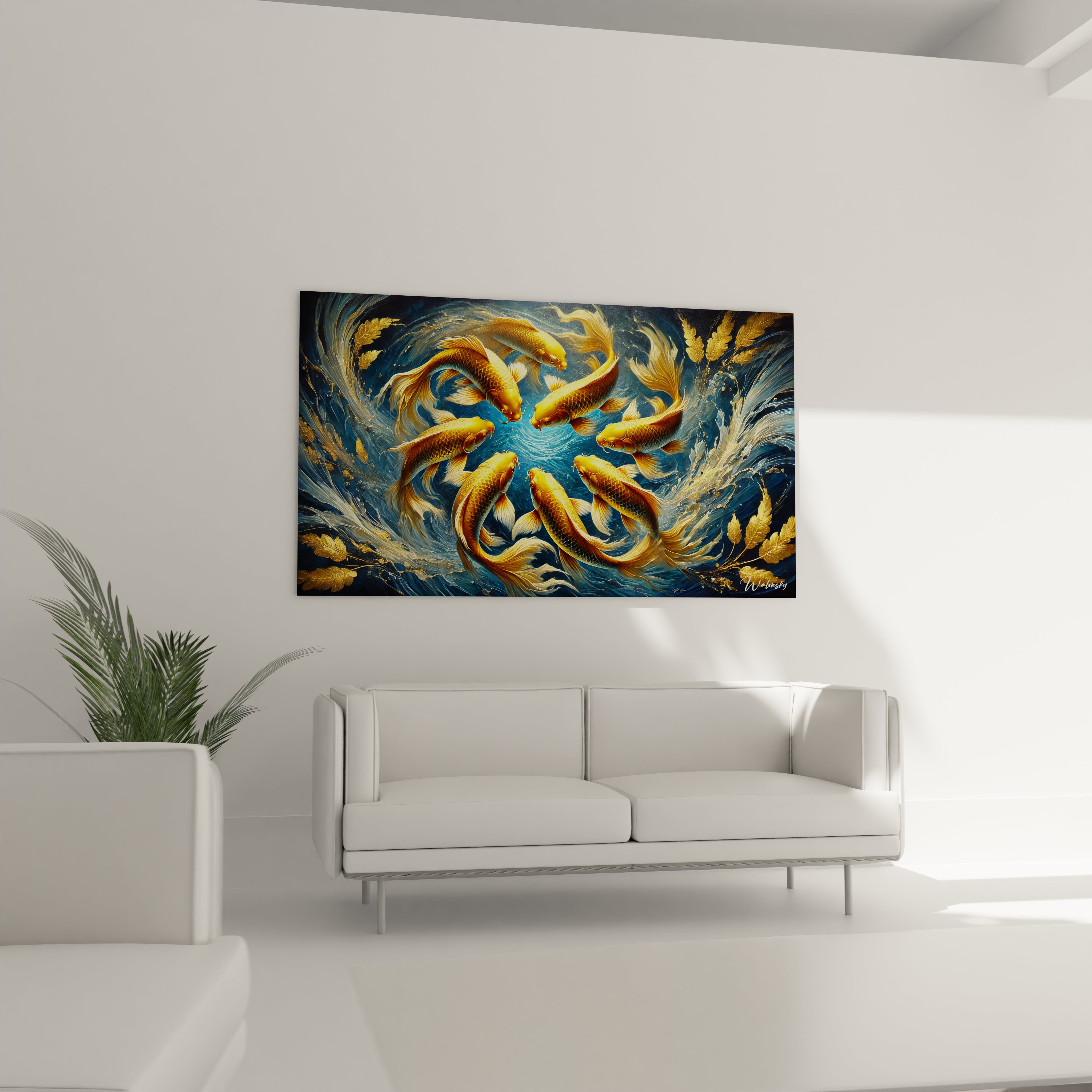 tableau poisson accroché au-dessus d’un canapé dans un salon apporte une touche artistique et sophistiquée. Le bleu marine et l’or s’harmonisent parfaitement avec tout type de décoration intérieure.

