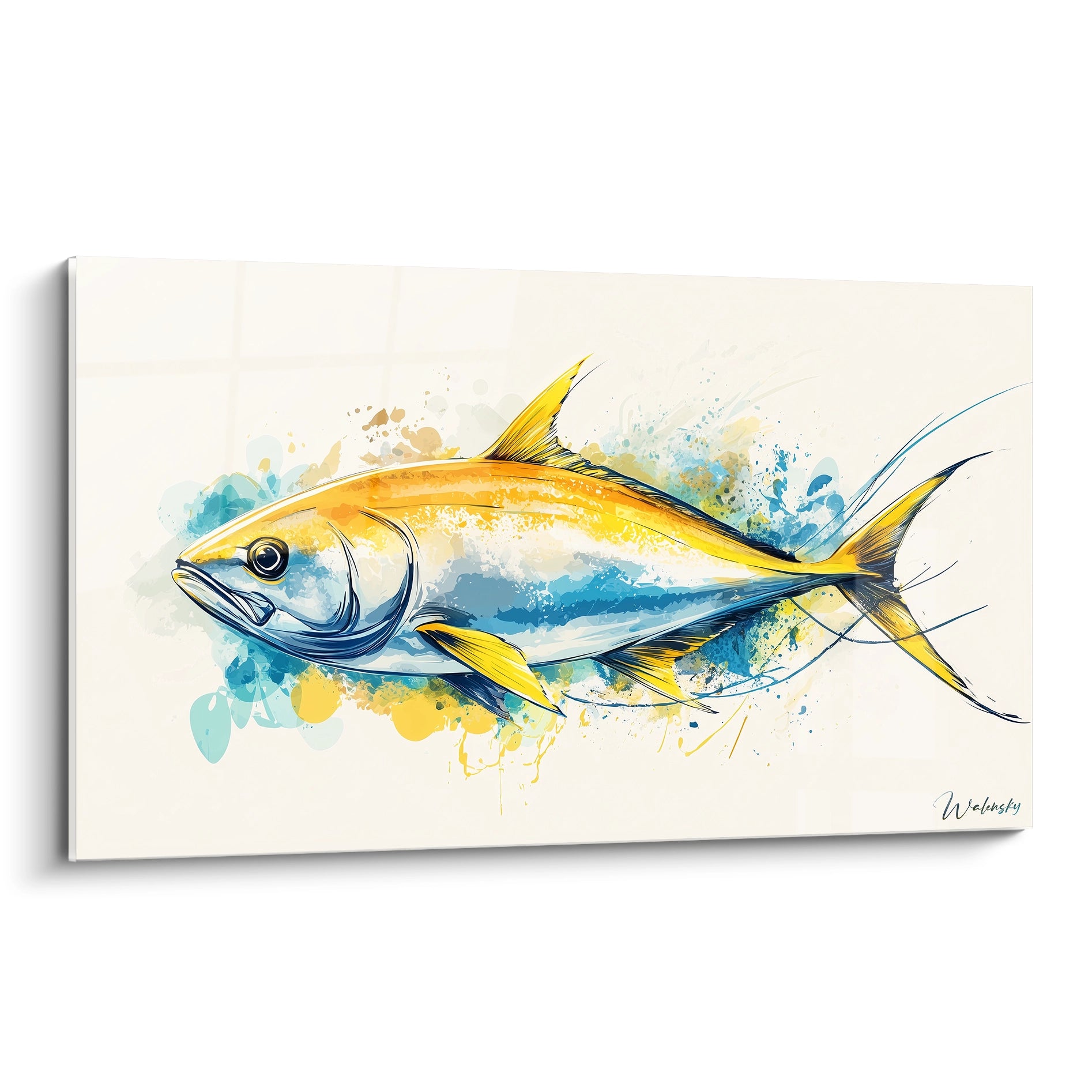 Un tableau poisson représentant un poisson stylisé aux teintes bleu, jaune et or, avec des textures fluides et des éclaboussures dynamiques sur un fond clair.

