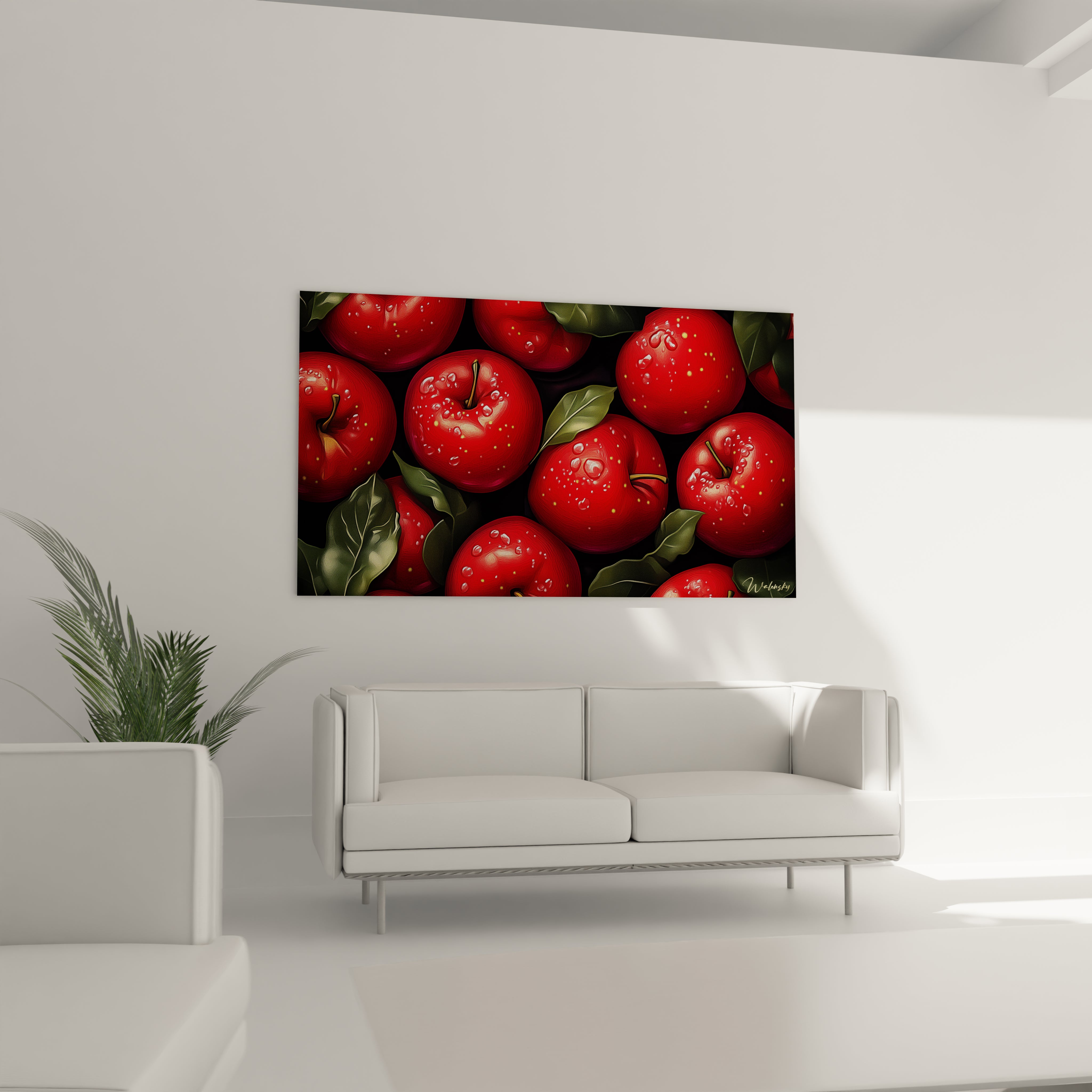 Un tableau pomme mettant en avant des pommes rouges saturées avec des éclats de lumière, disposées sur un fond noir texturé, accompagnées de feuilles vertes aux détails marqués.

