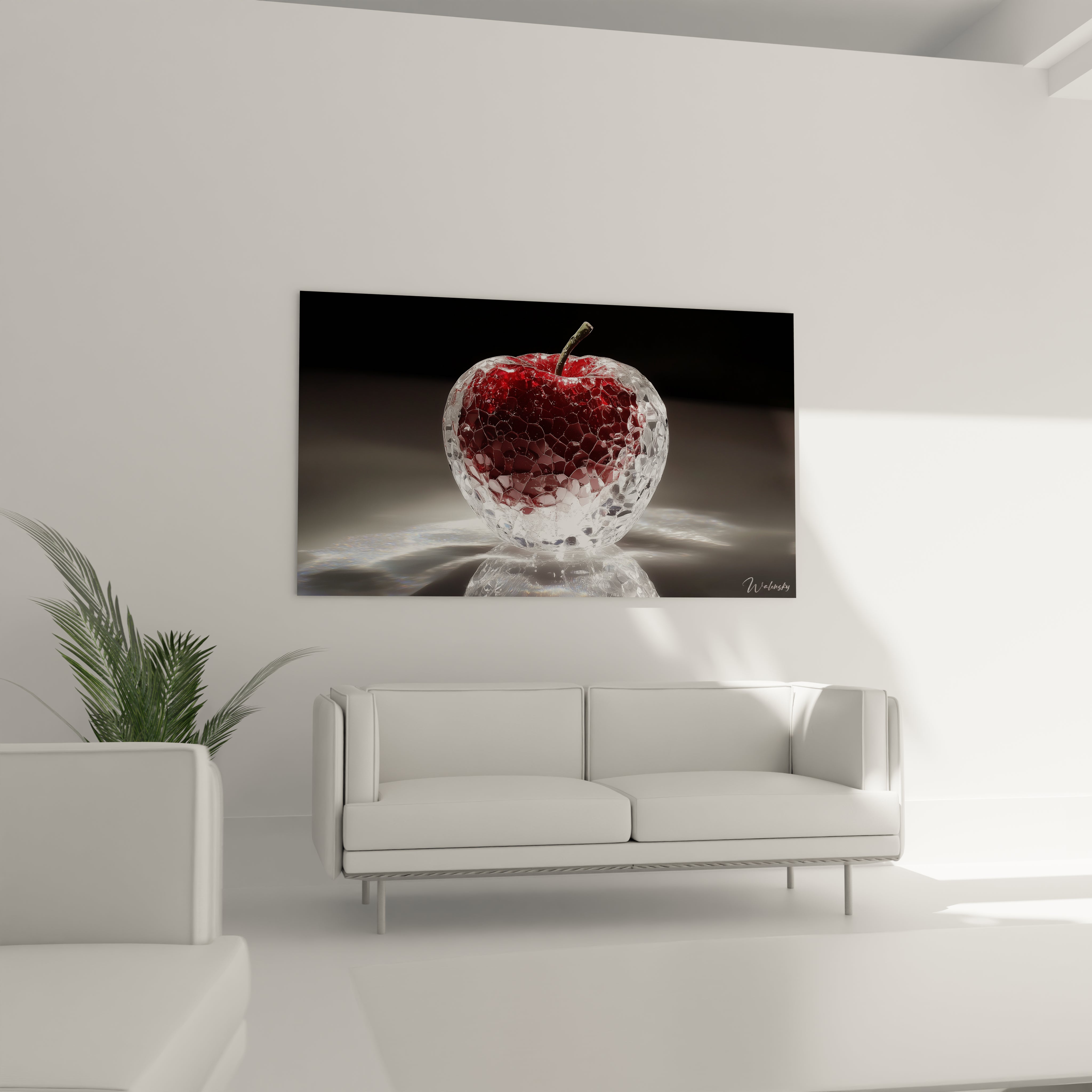 Un tableau pomme illustrant une pomme à moitié recouverte d’une structure en verre craquelé, mêlant rouge intense et transparences. L’effet de brillance et les ombres accentuent le contraste visuel.

