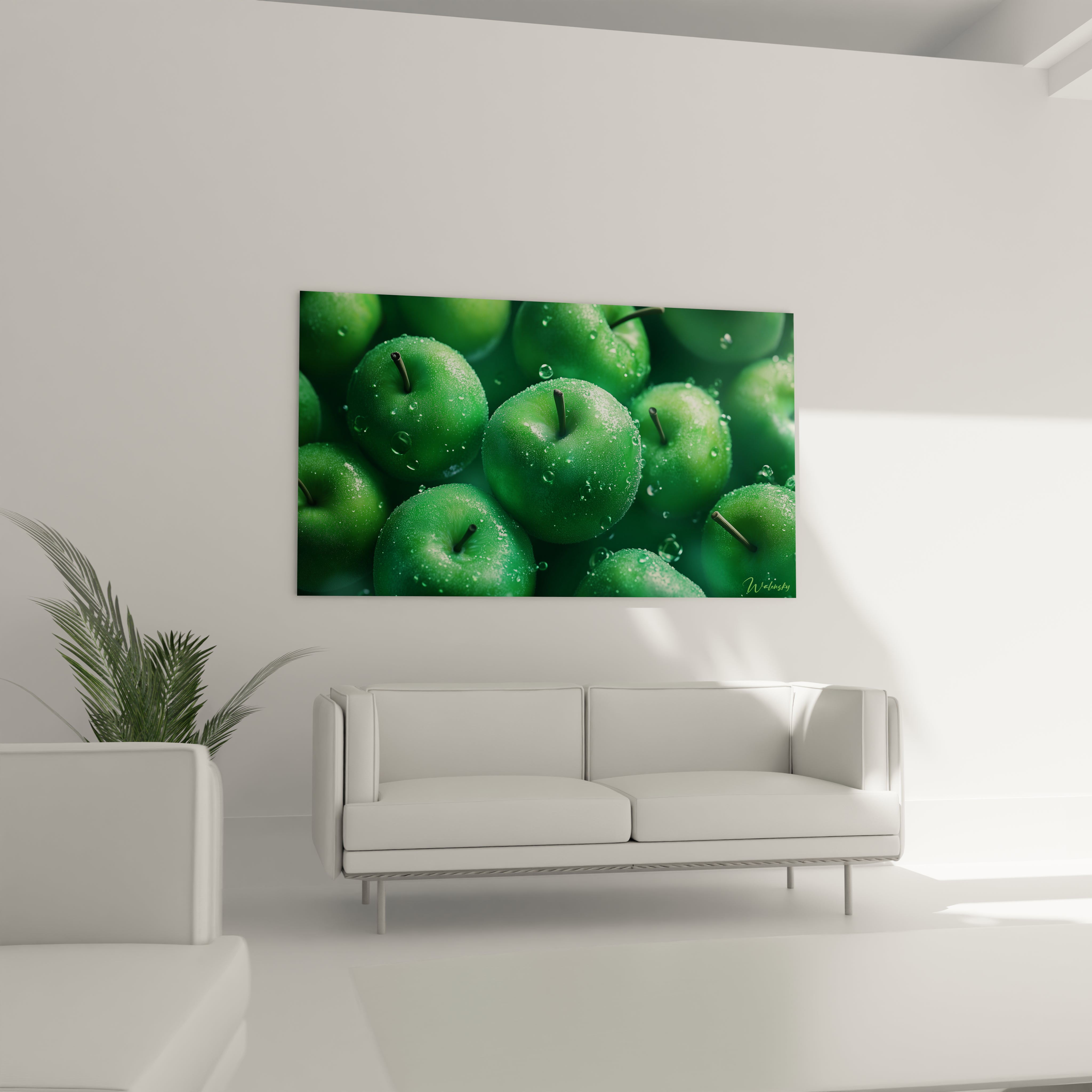 Un tableau pomme mettant en scène un groupe de pommes vertes aux reflets éclatants. L’image présente des surfaces détaillées avec un effet d’humidité, sur un arrière-plan vert foncé et diffus.

