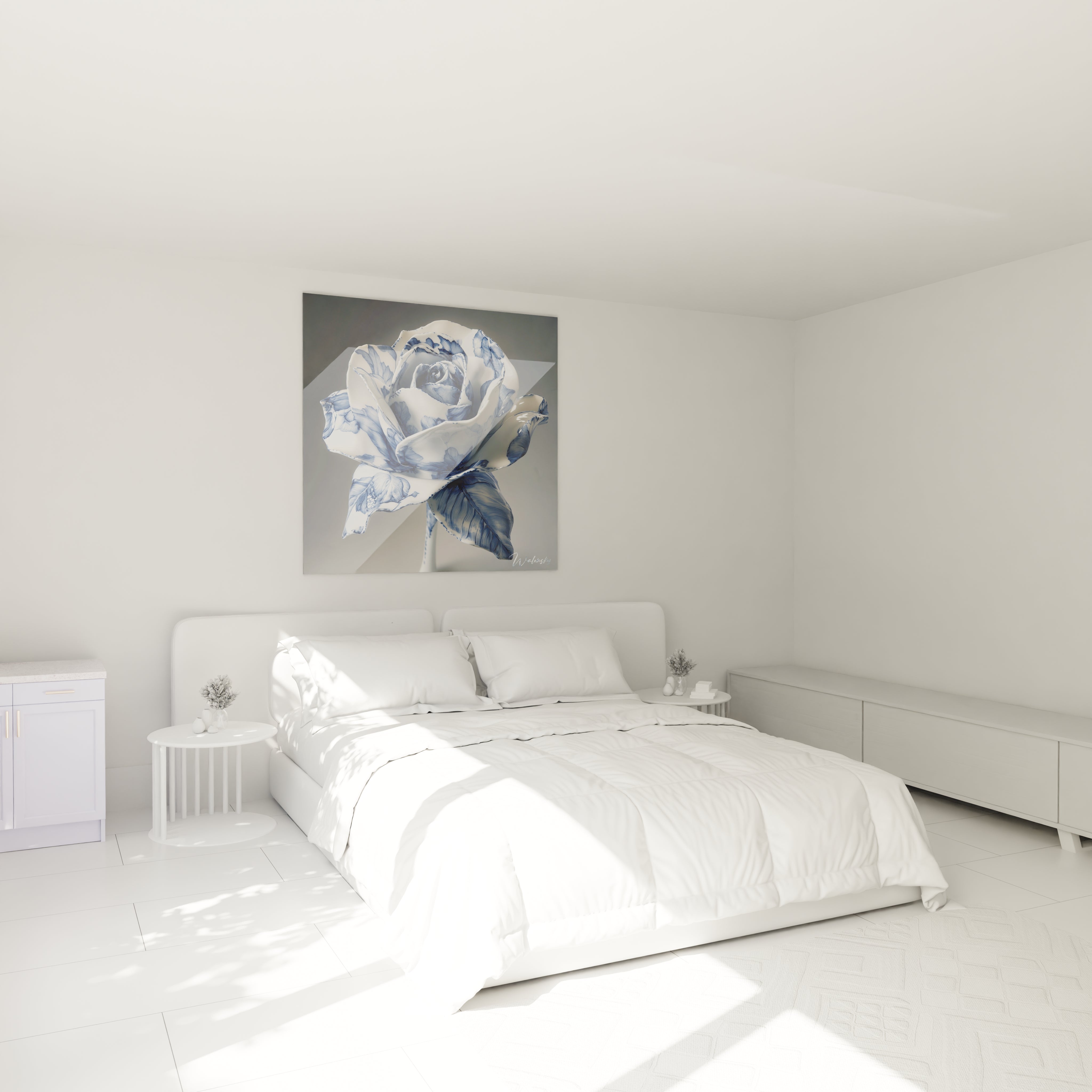 Un tableau porcelaine figurant une fleur bleue et blanche aux contours précis, composé de pétales en spirale ornés de motifs cobalt détaillés sur surface brillante, avec des reflets lumineux accentuant le relief et la profondeur, dans un style rappelant la céramique traditionnelle asiatique.

