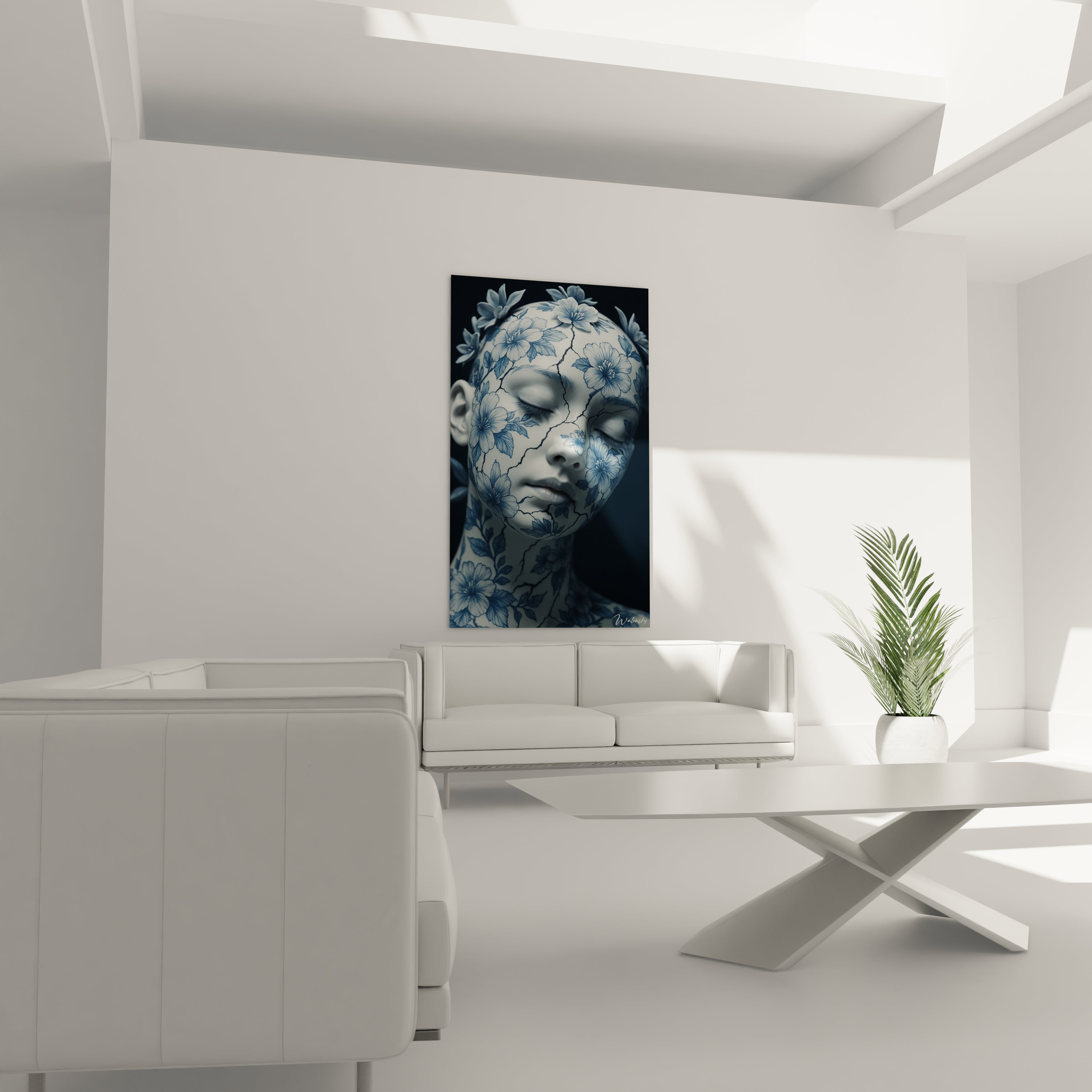 Un tableau porcelaine présentant un visage sculpté recouvert de délicats motifs floraux bleus sur fond blanc. Les fissures structurées parcourent la surface lisse comme de la céramique, créant un contraste entre la fragilité suggérée et la beauté florale dans une palette bleu et blanc.
