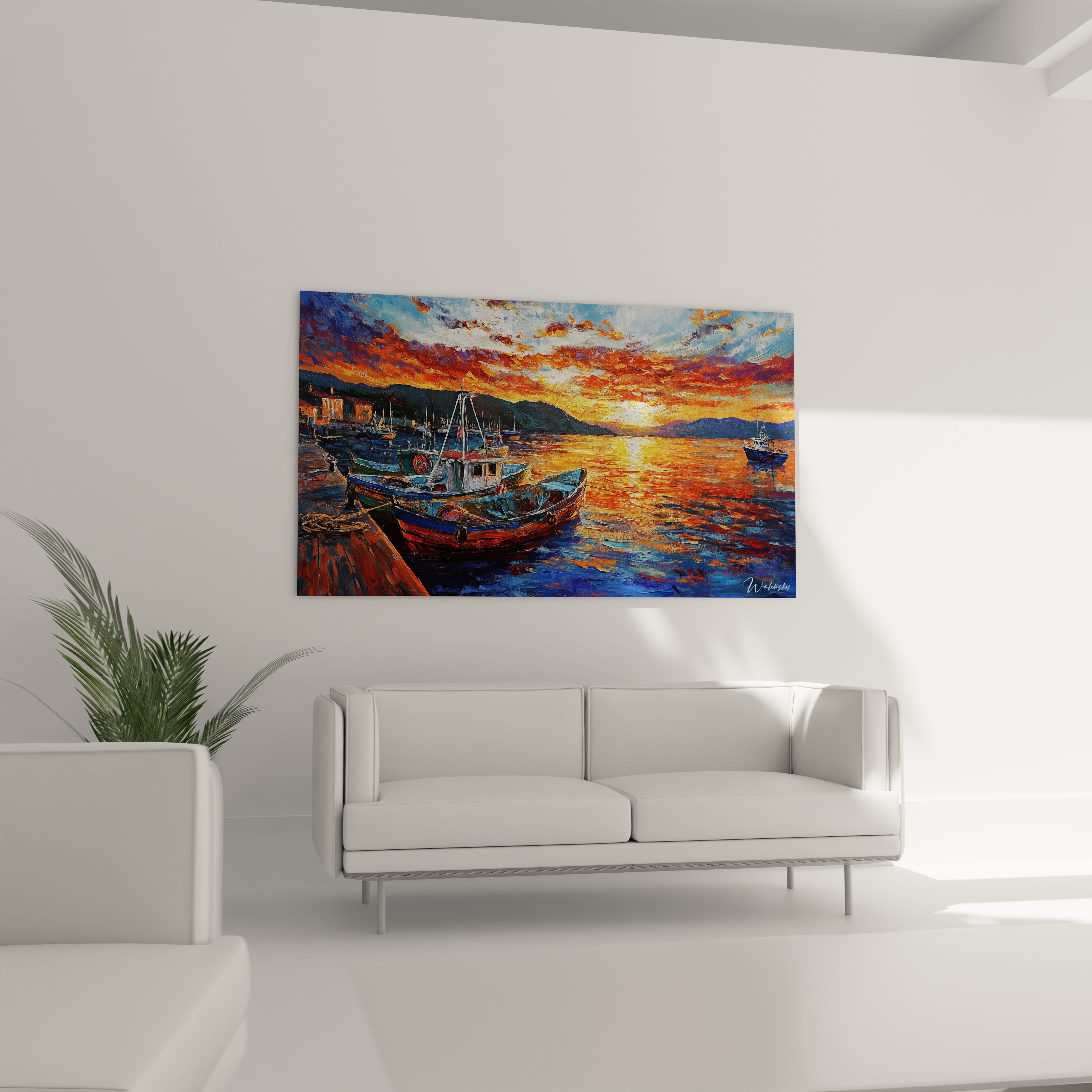 Un tableau port montrant une scène maritime avec des bateaux aux coques bleues et rouges, un ciel nuancé de jaune et orange, et une eau aux textures fluides mêlées à des touches de lumière dorée.

