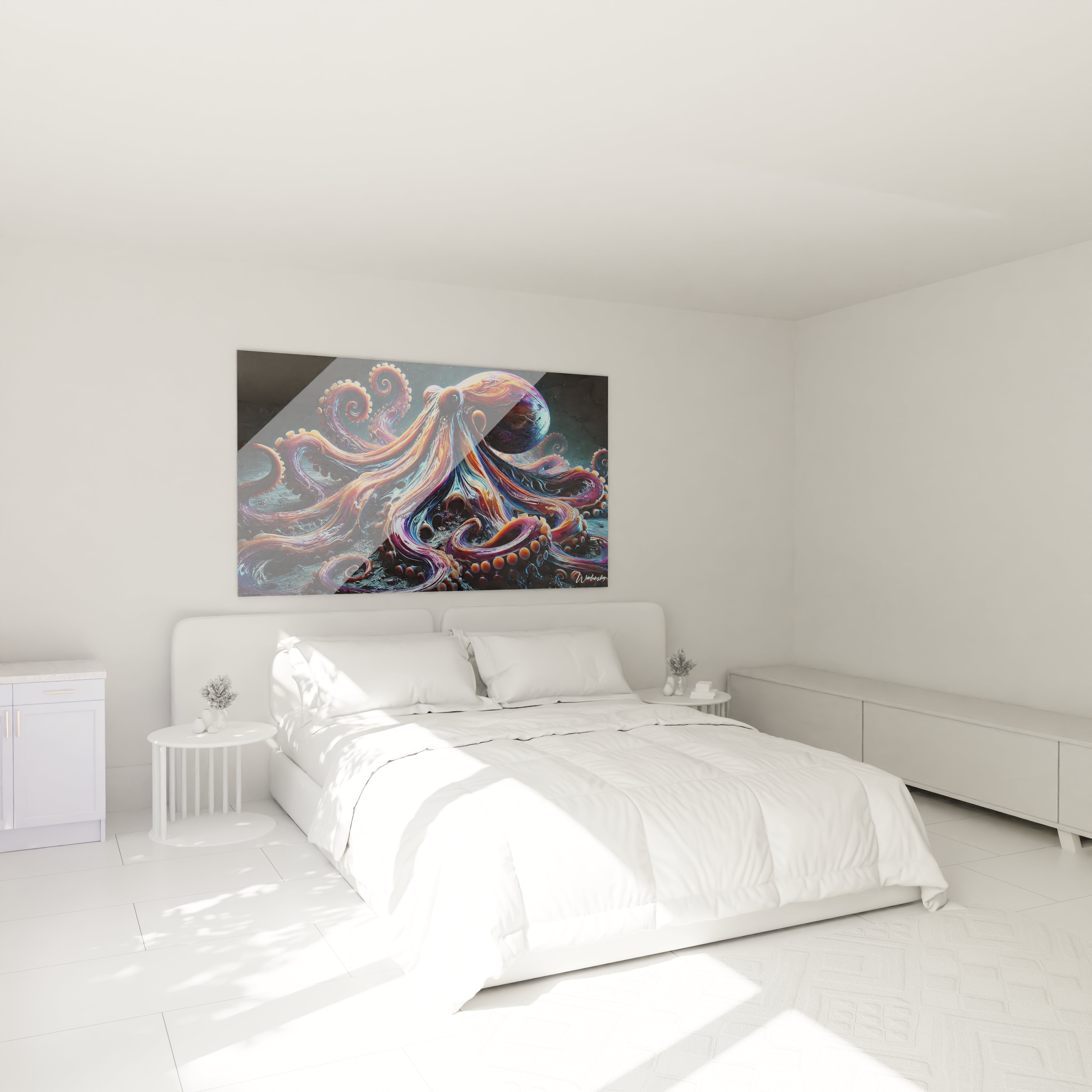 dans une chambre au dessus du lit ce tableau poulpe colore apporte une touche dynamique et une energie apaisante avec ses tentacules en mouvement ideal pour un espace de repos

