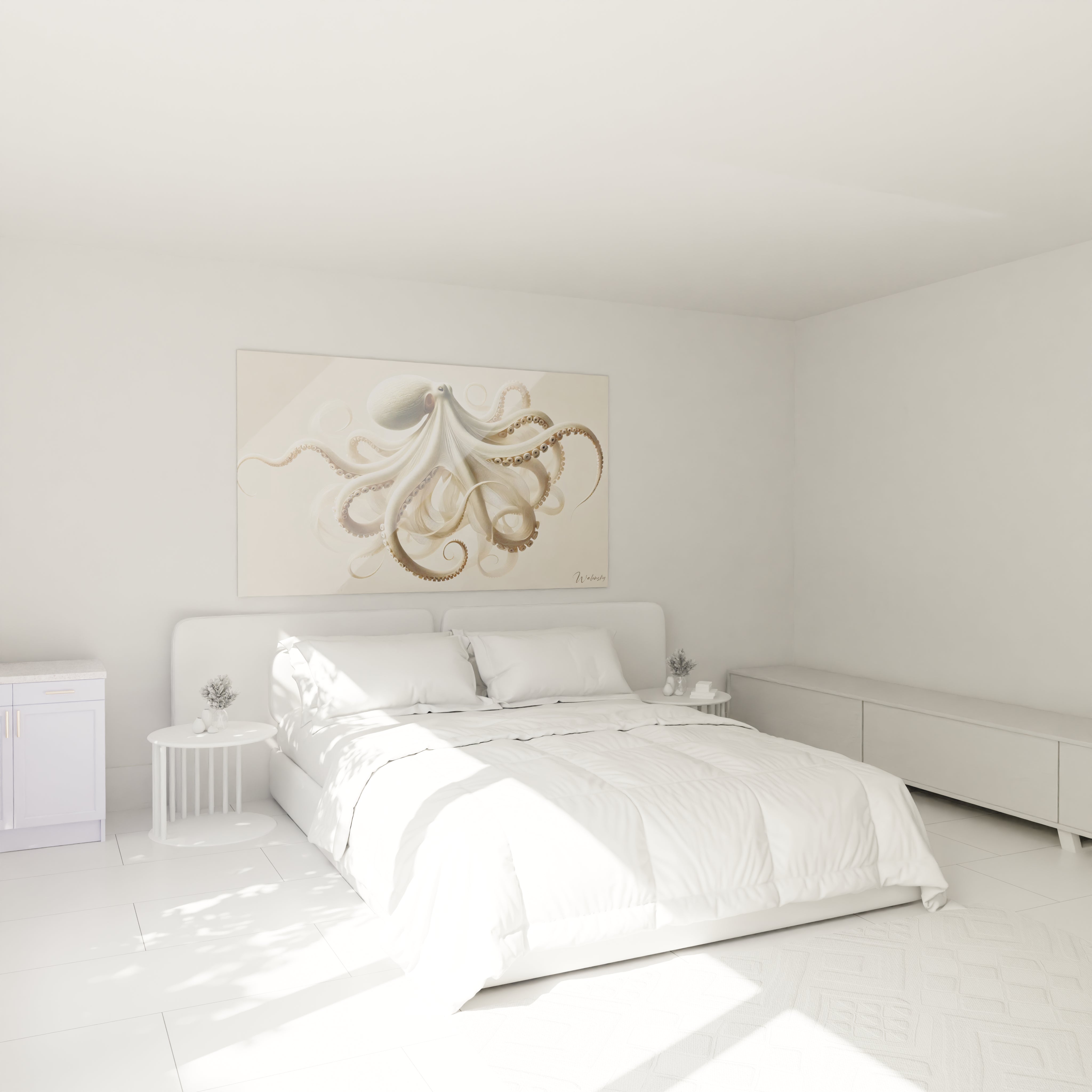 tableau poulpe accroche au dessus du lit cree une atmosphere apaisante et zen dans votre chambre sa palette douce et ses details harmonieux apportent serenite a l espace

