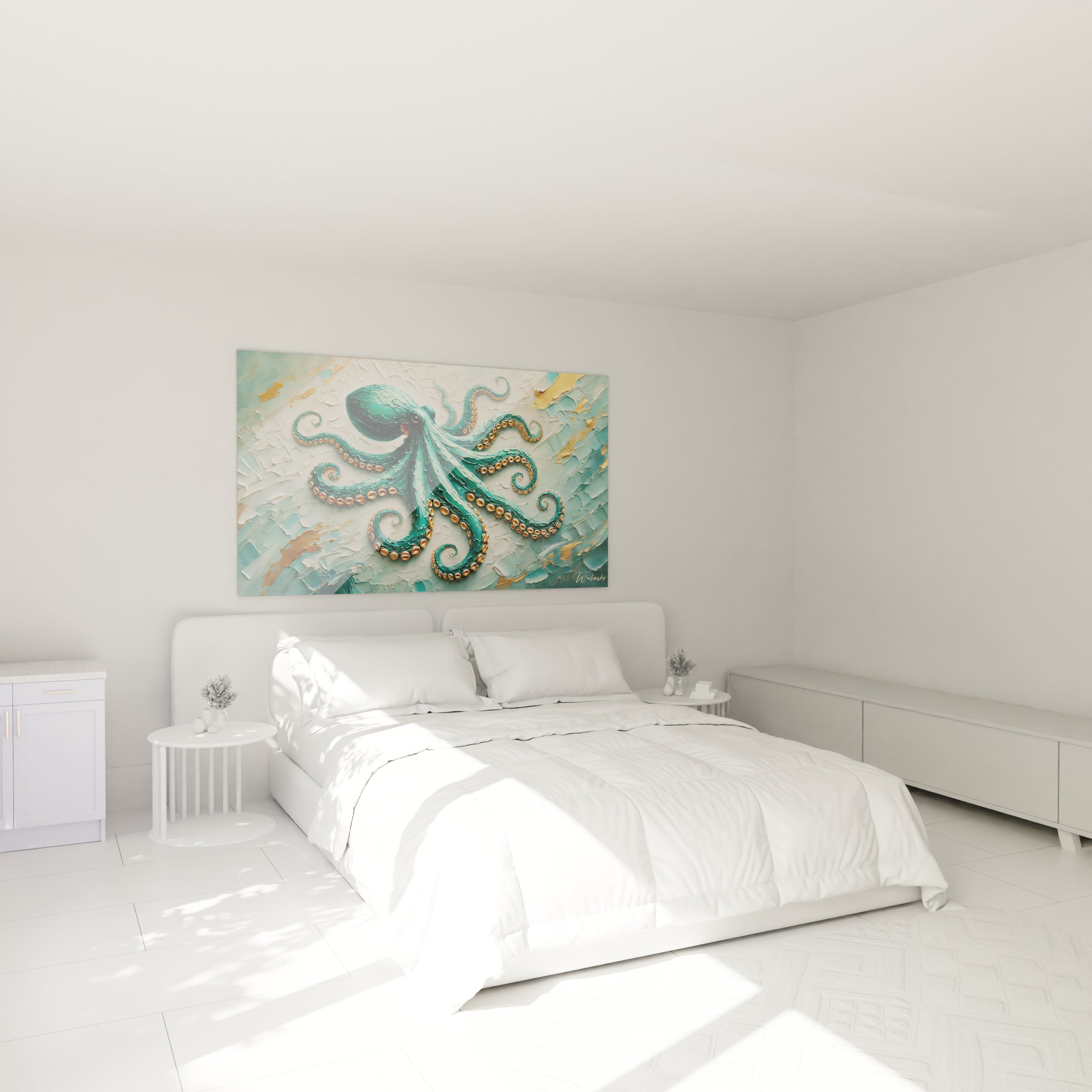 tableau poulpe accroche au mur au dessus d un lit dans une chambre. Ses reliefs et couleurs aquatiques creent une ambiance apaisante, ideal pour un espace serein et raffine

