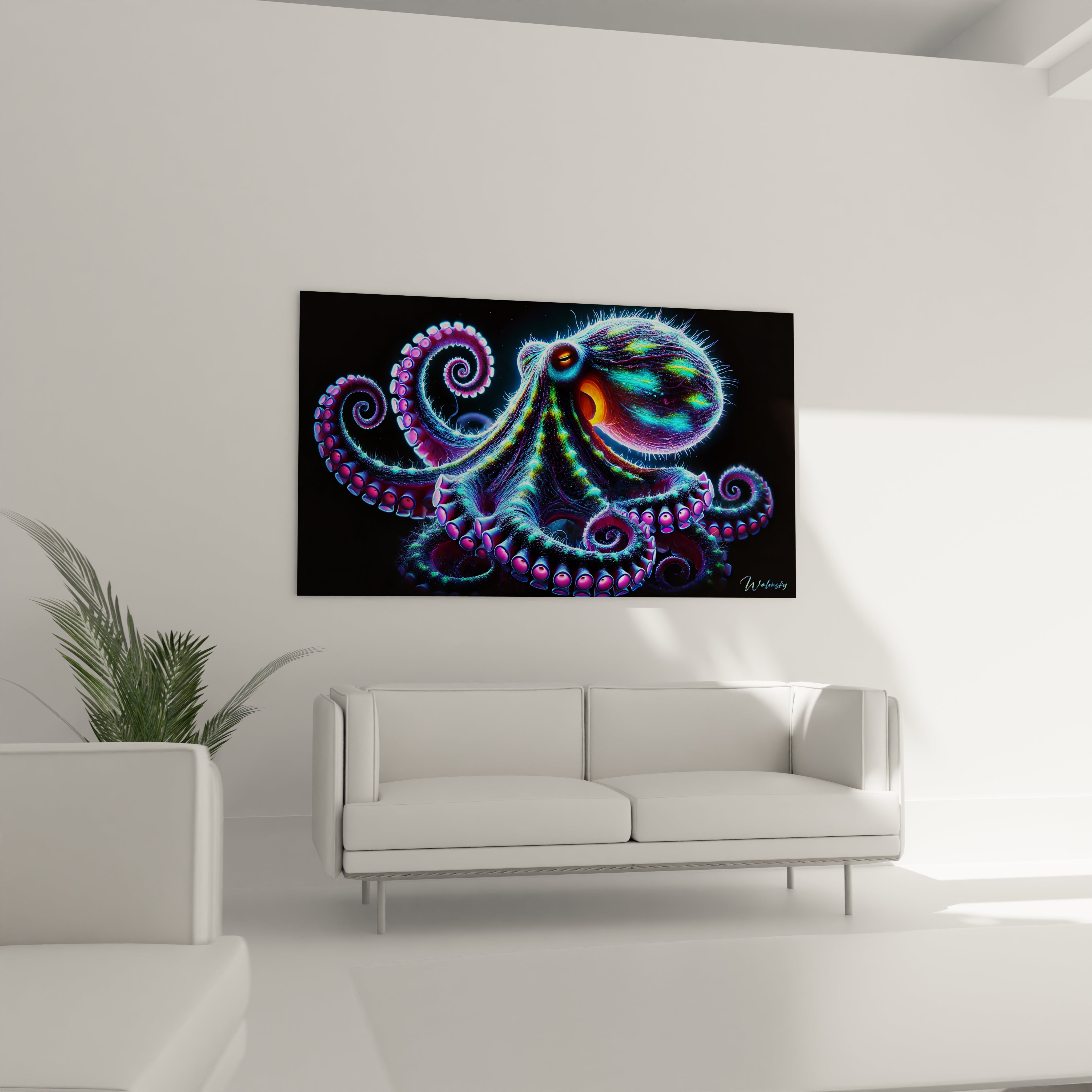 Parfait pour le salon, ce tableau poulpe accroché au-dessus du canapé attire tous les regards avec ses couleurs fluos et son design hypnotique, ideal pour donner du dynamisme a votre interieur.

