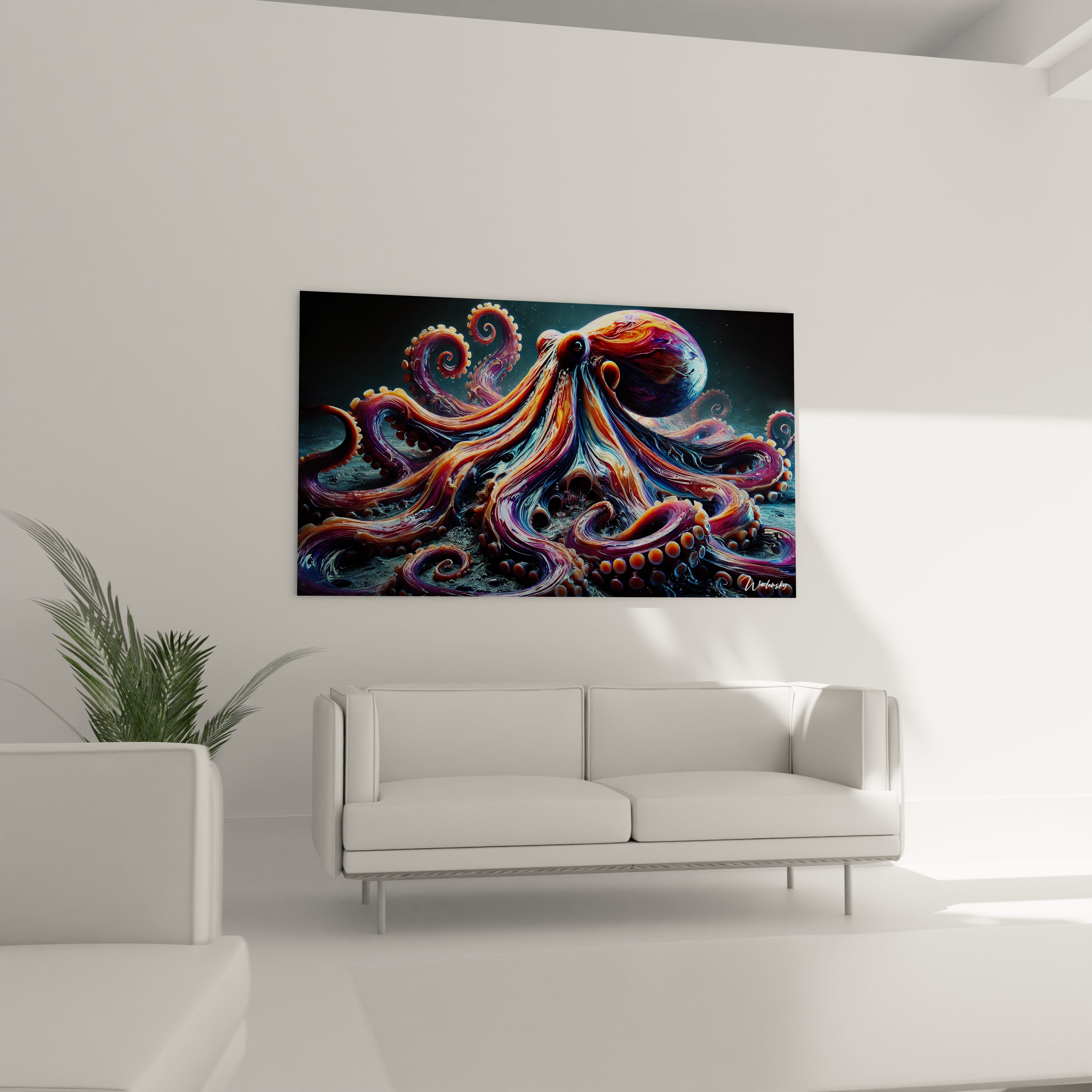 le tableau poulpe accroche au dessus du canape transforme instantanement le salon avec ses couleurs vives et ses details hypnotiques parfait pour creer une ambiance immersive

