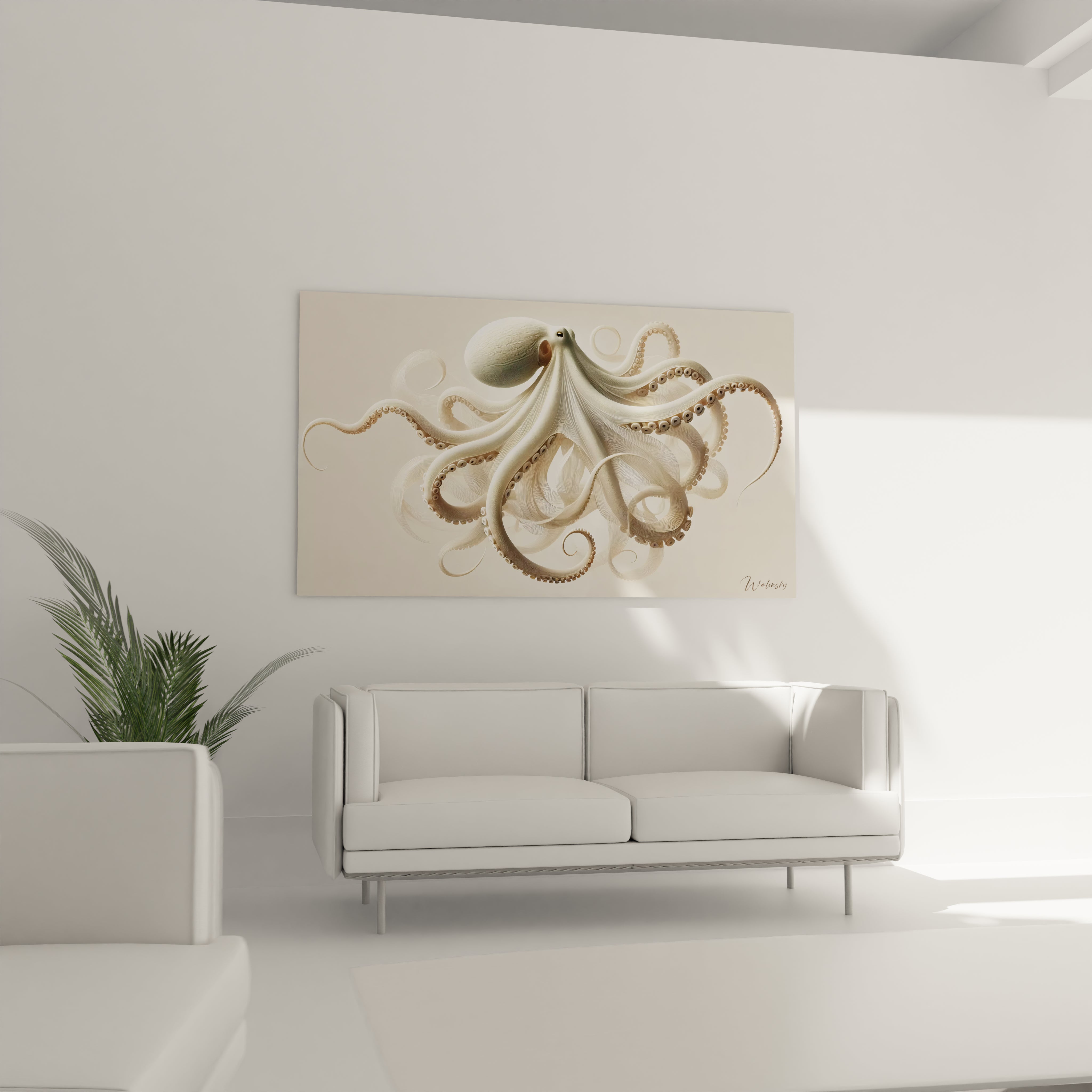 tableau poulpe sublime votre salon grace a ses nuances beige et gris une piece decorative elegante au dessus du canape pour un interieur contemporain et equilibre

