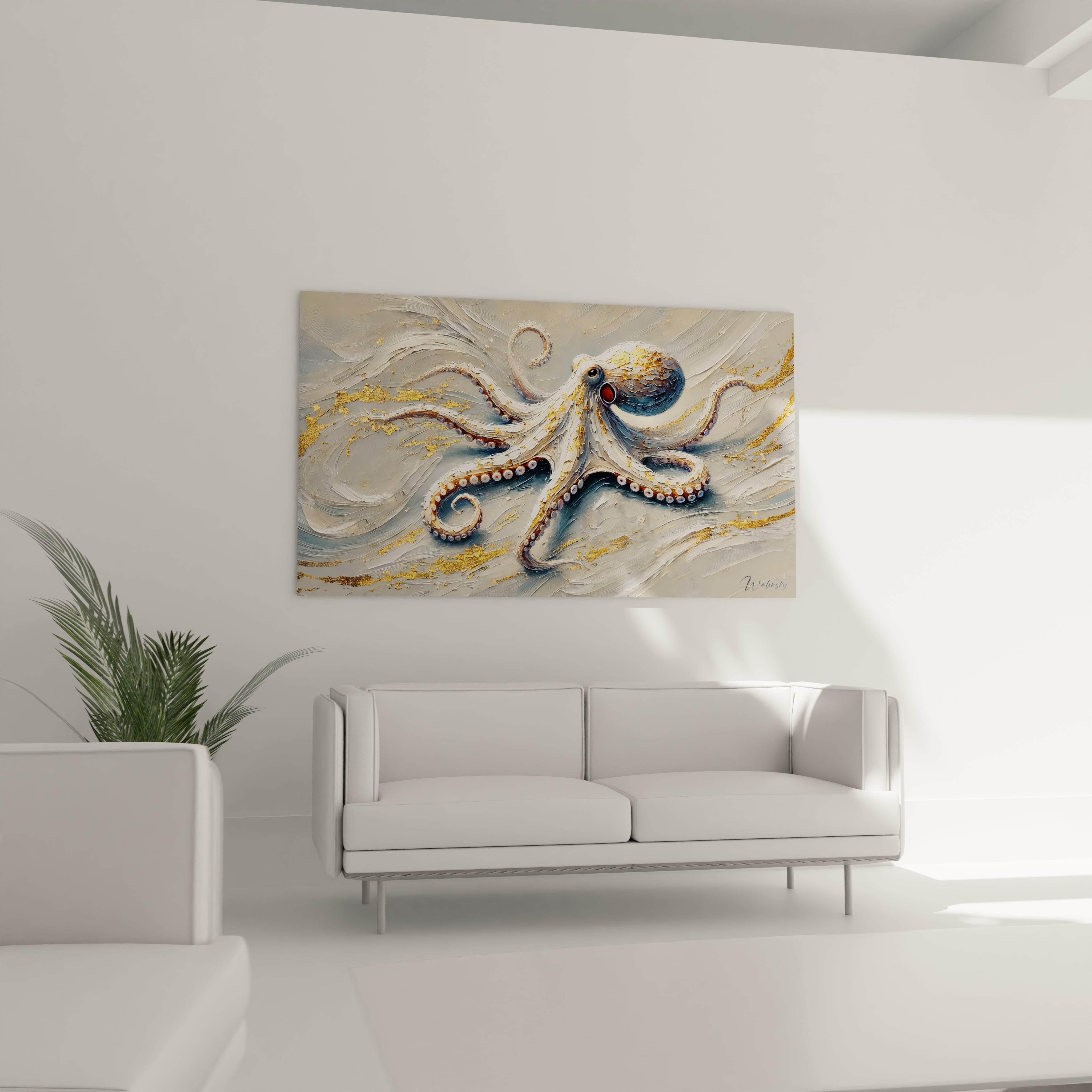 Au-dessus du canapé, ce tableau poulpe sublime le salon avec ses nuances de gris et beige. Les touches dorées et les textures en relief ajoutent une note de sophistication marine a votre interieur.

