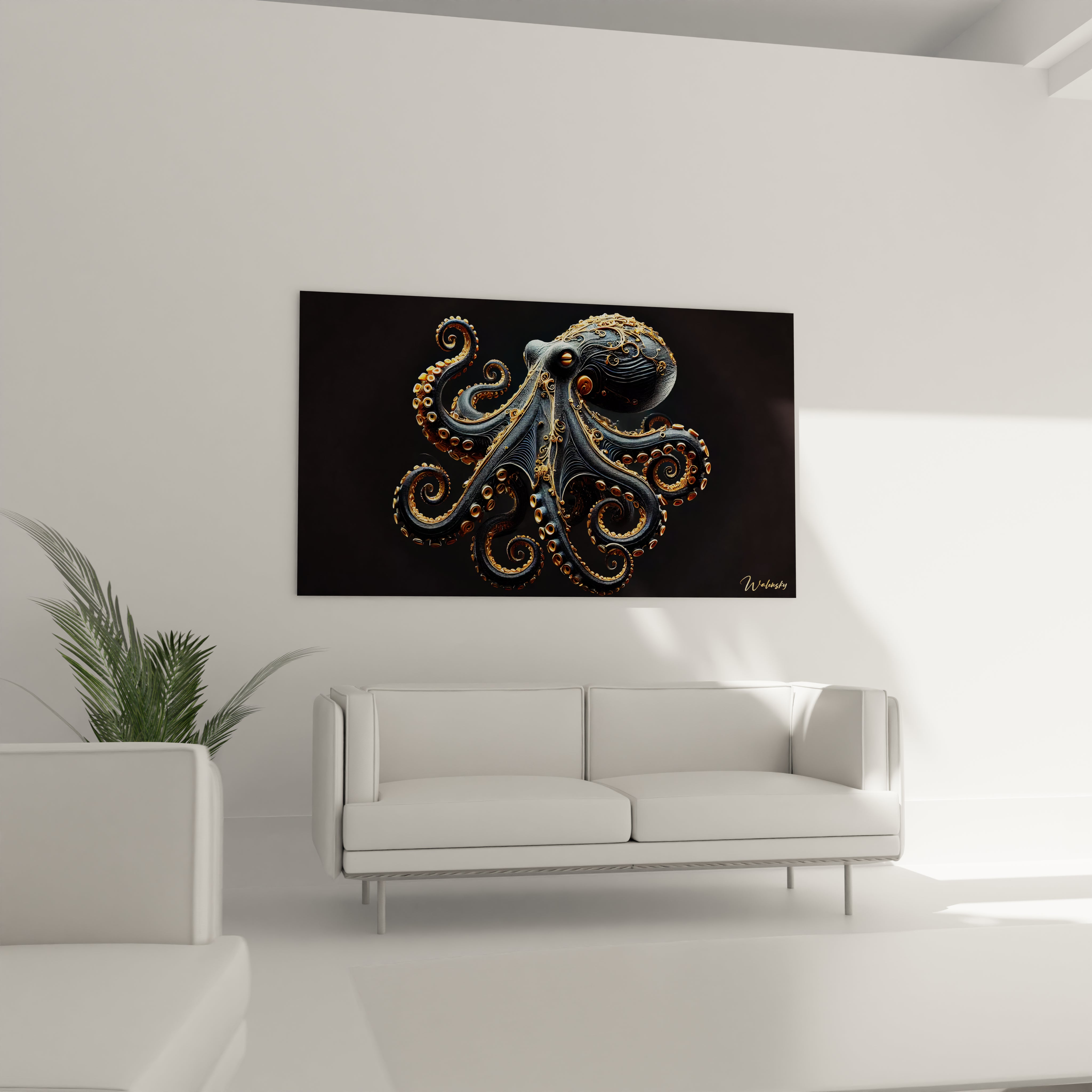 transformez votre salon avec un tableau poulpe accroche au-dessus du canape ses tentacules dores et son fond sombre creent une atmosphère dramatique et raffinee ideale pour une decoration audacieuse

