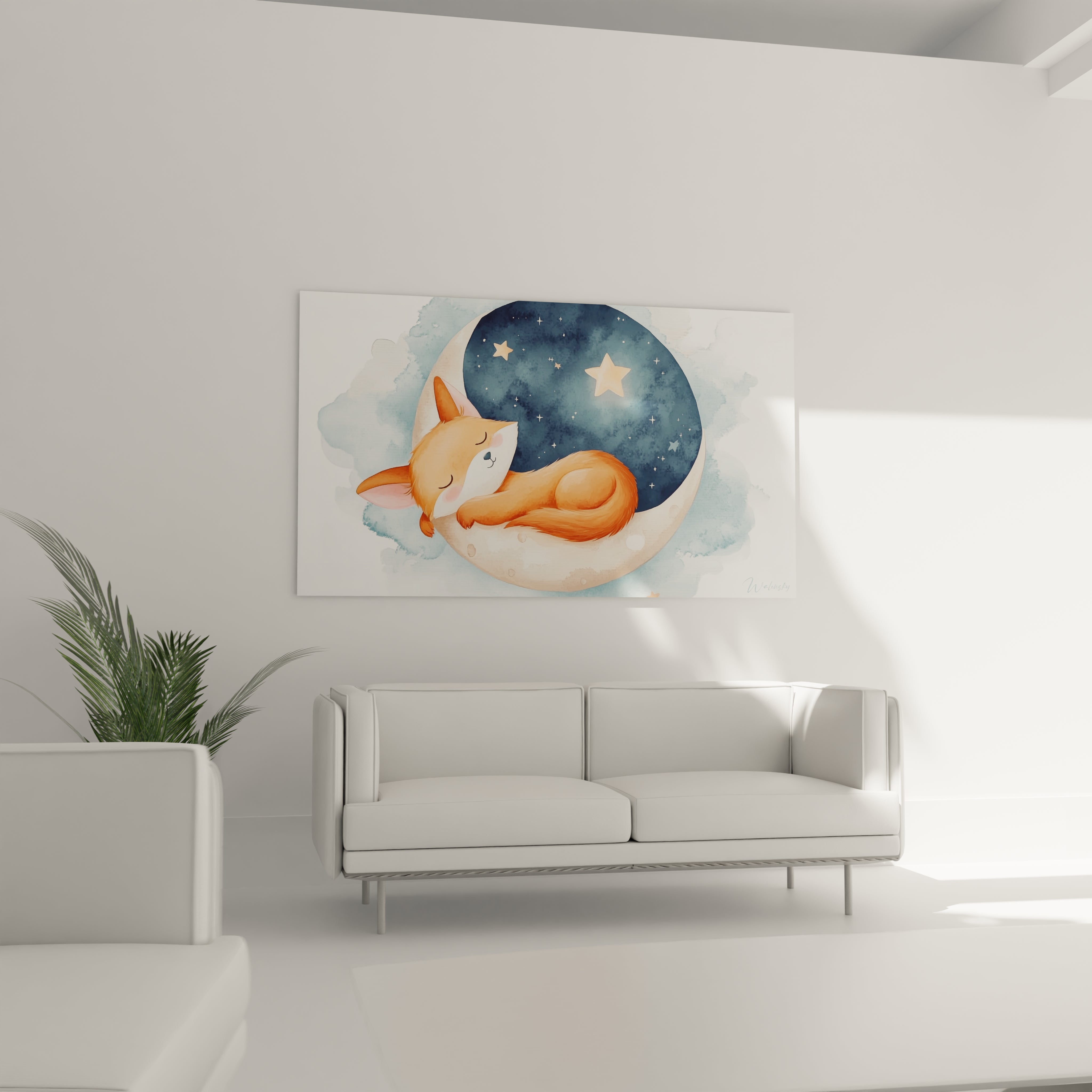 Un tableau enfant mettant en scène un renard aux nuances chaudes, reposant sur une lune beige, avec un ciel bleu foncé parsemé d’étoiles et des effets aquarellés légers.

