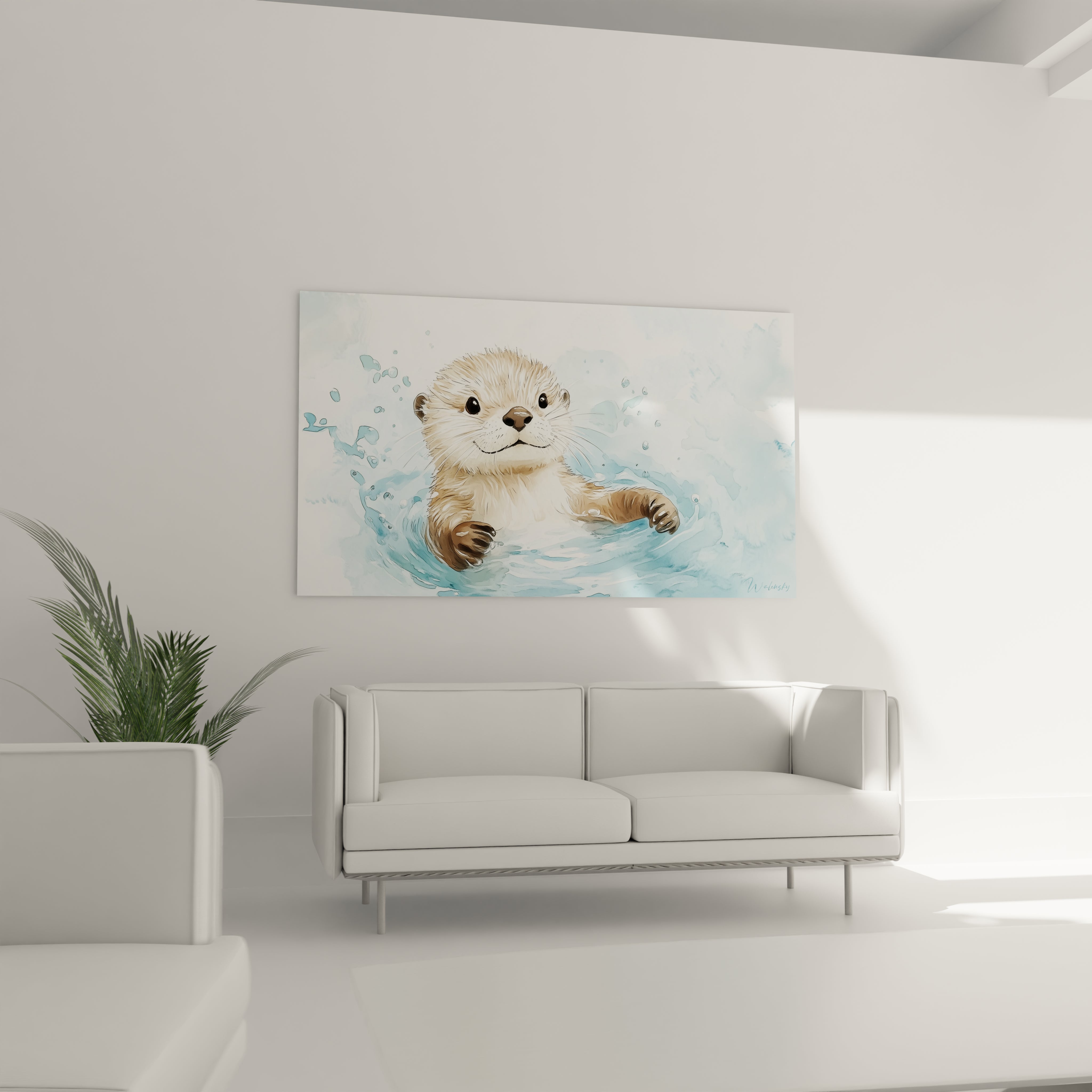 Un tableau enfant mettant en scène une loutre aux tons beige et marron, entourée d’eau aux nuances de bleu clair. La technique aquarelle adoucit les formes avec des transitions fluides.

