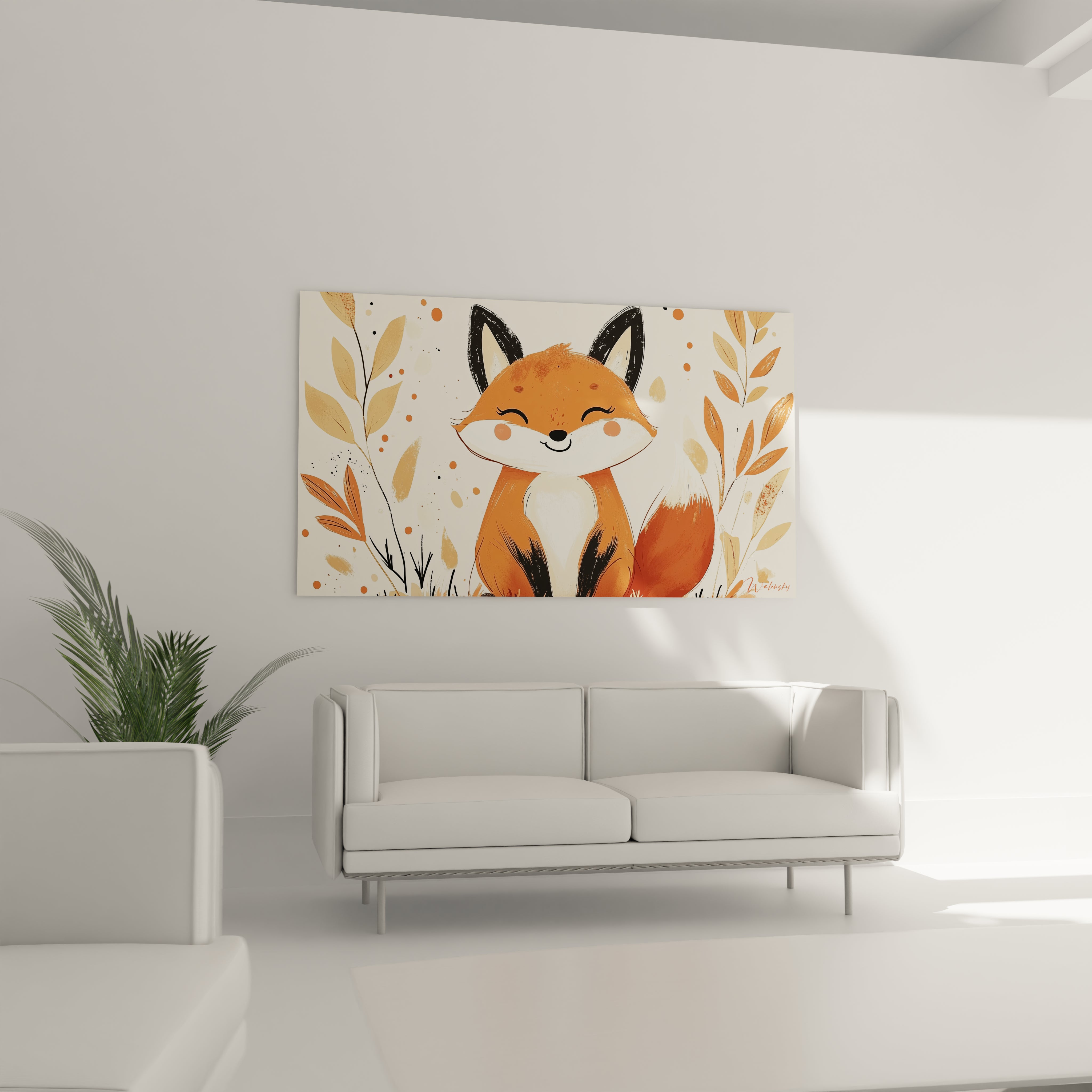 Un tableau enfant montrant un renard simplifié, aux couleurs orange et blanc, avec un contour noir contrasté et des motifs végétaux beige et marron, le tout sur un fond clair légèrement texturé.

