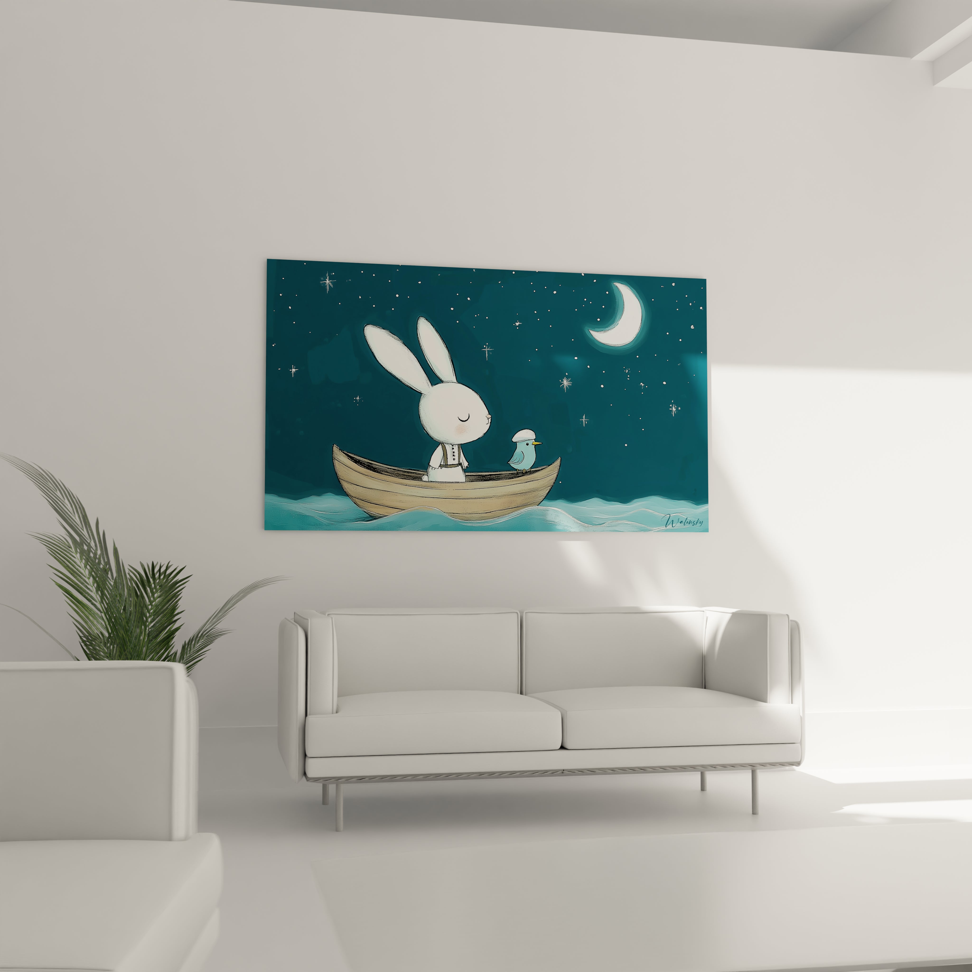 Un tableau enfant représentant un lapin et un oiseau sur une mer calme, dans une barque aux tons boisés, avec un fond bleu foncé étoilé et des reflets lumineux sur l’eau et la lune.

