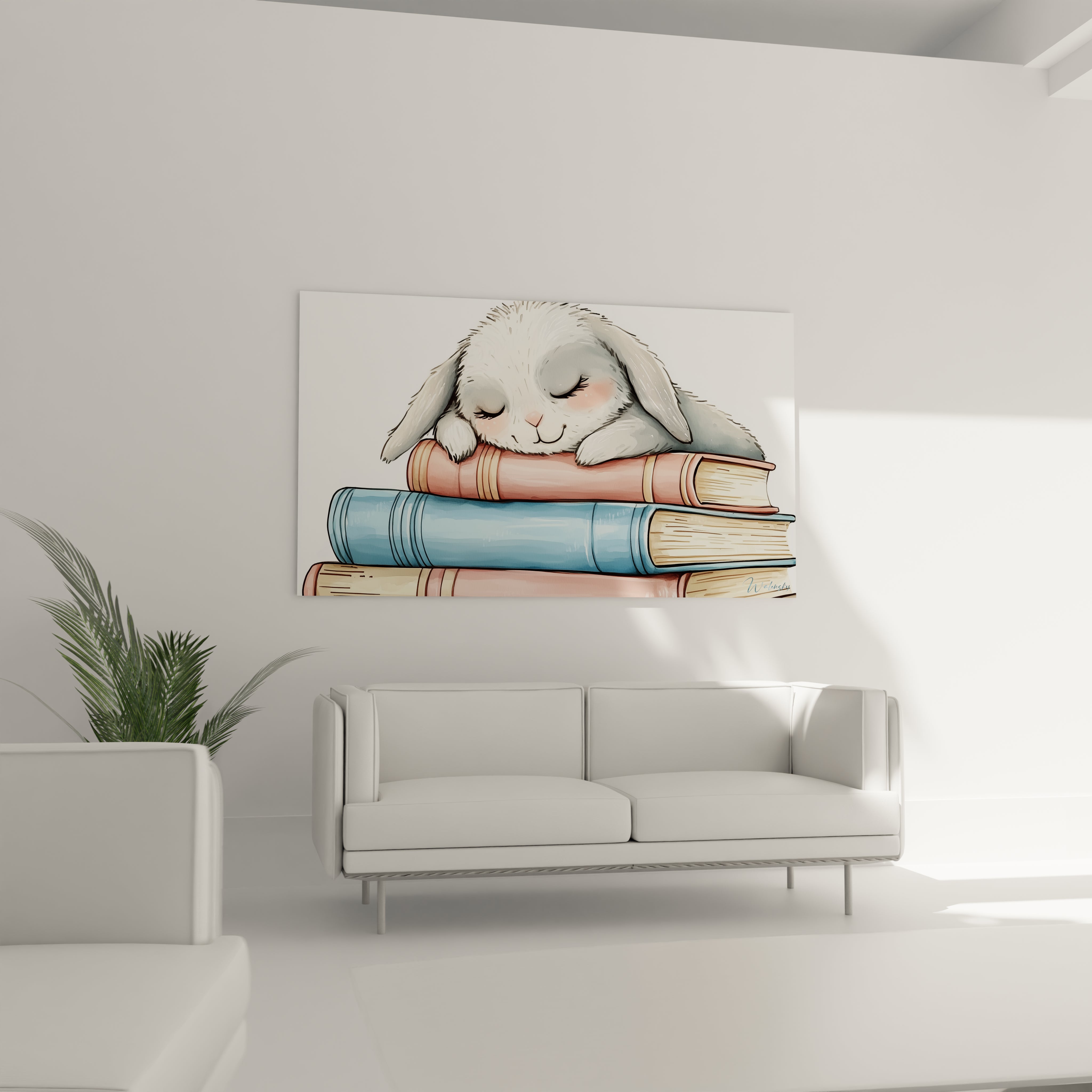 Un tableau enfant mettant en scène un lapin gris et blanc aux joues rosées, couché sur des livres aux couvertures texturées bleu et rose, avec des ombrages doux et des dégradés subtils.

