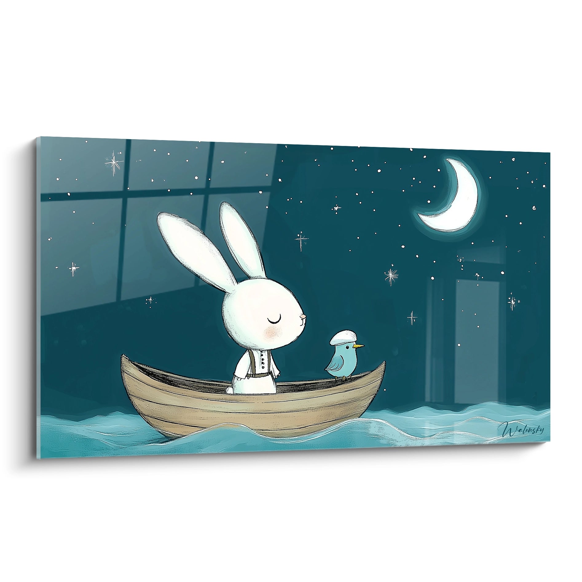 Un tableau enfant illustrant un lapin blanc et un oiseau bleu dans une barque, sous un ciel étoilé bleu foncé, avec des textures douces et des effets de lumière diffus sur l’eau et la lune.

