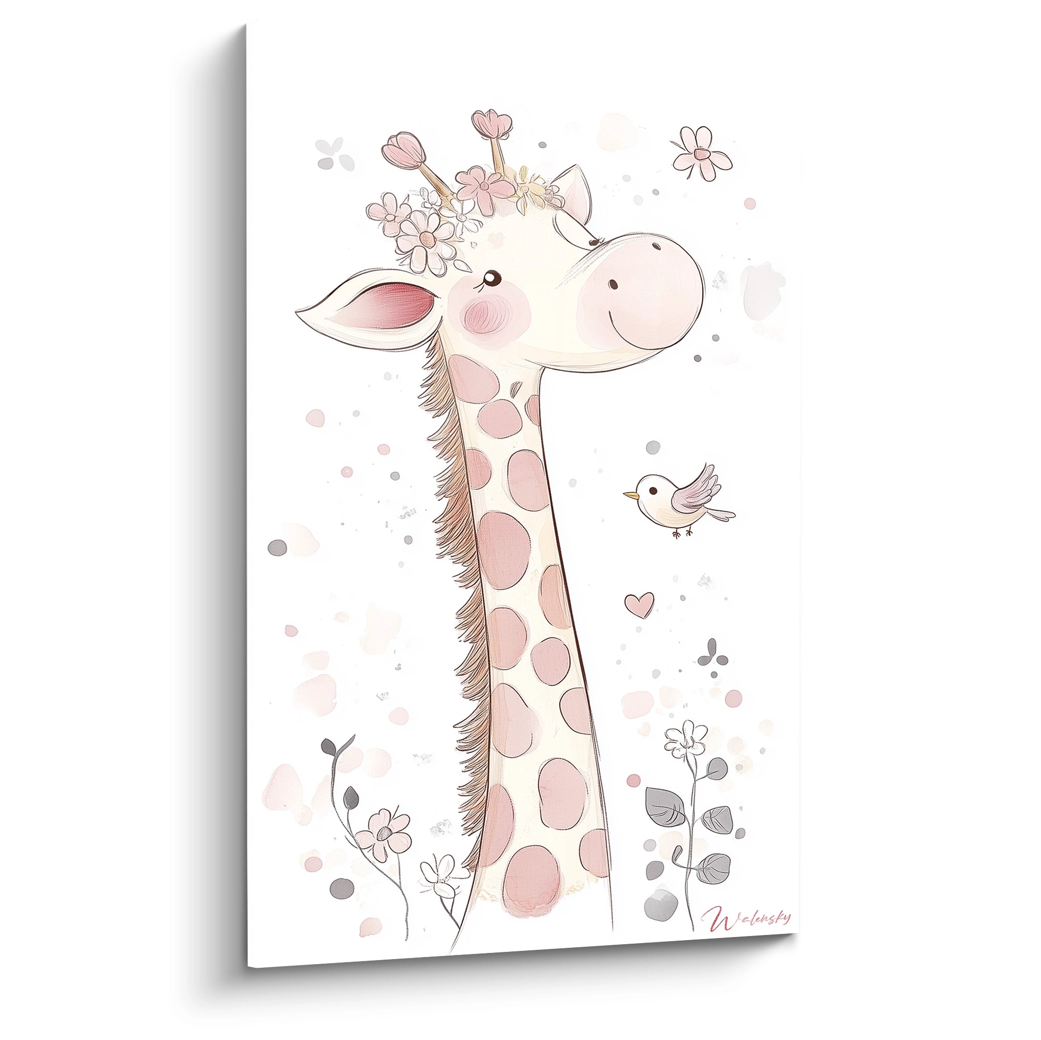 Un tableau pour enfant illustrant une girafe aux motifs roses et beiges, avec un oiseau, des fleurs et des touches pastel sur fond blanc, composé de lignes douces et textures légères.

