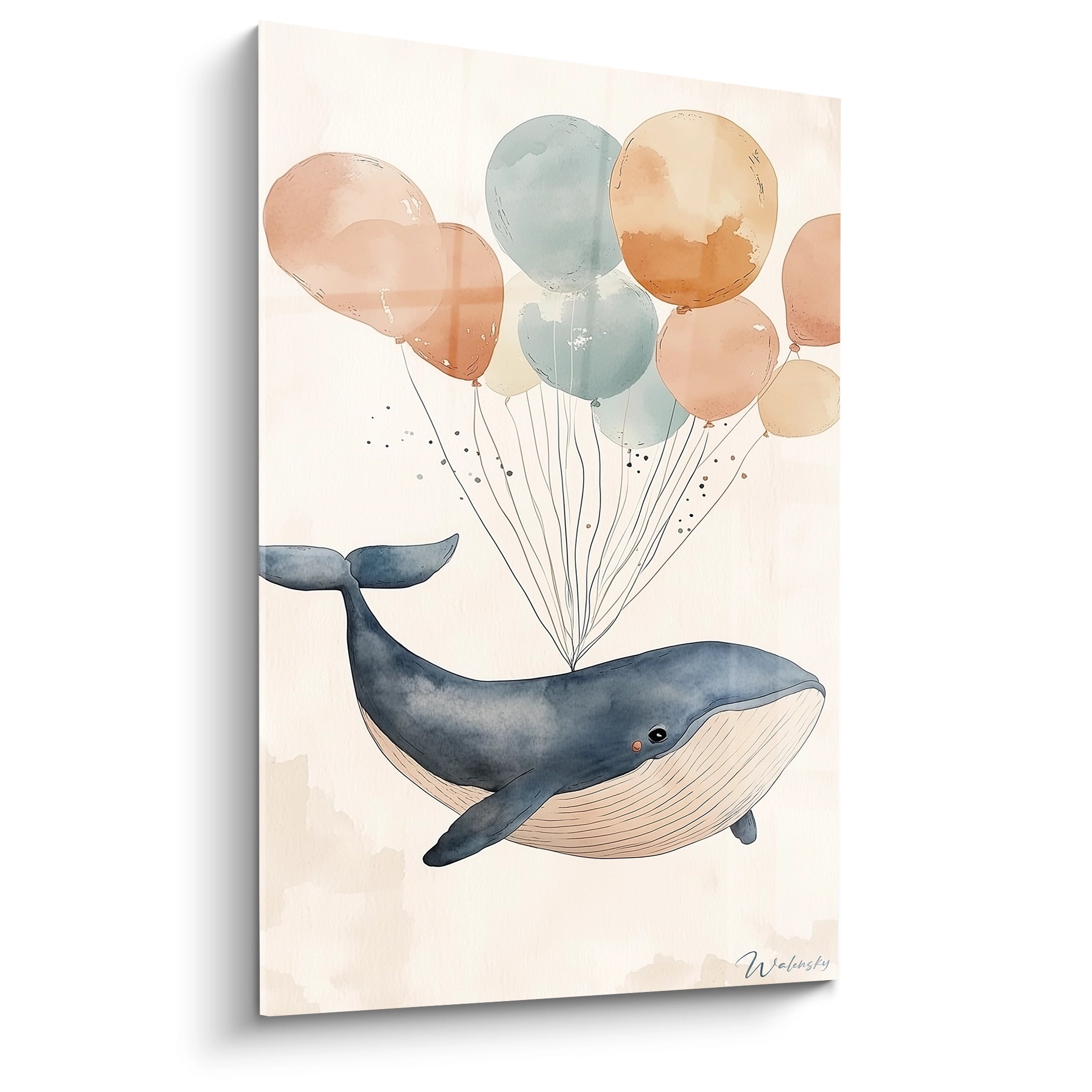 Un tableau pour enfant illustrant une baleine bleue aux contours doux, suspendue à des ballons orange, beige et bleu clair, avec un fond aquarelle texturé et des traits fins.

