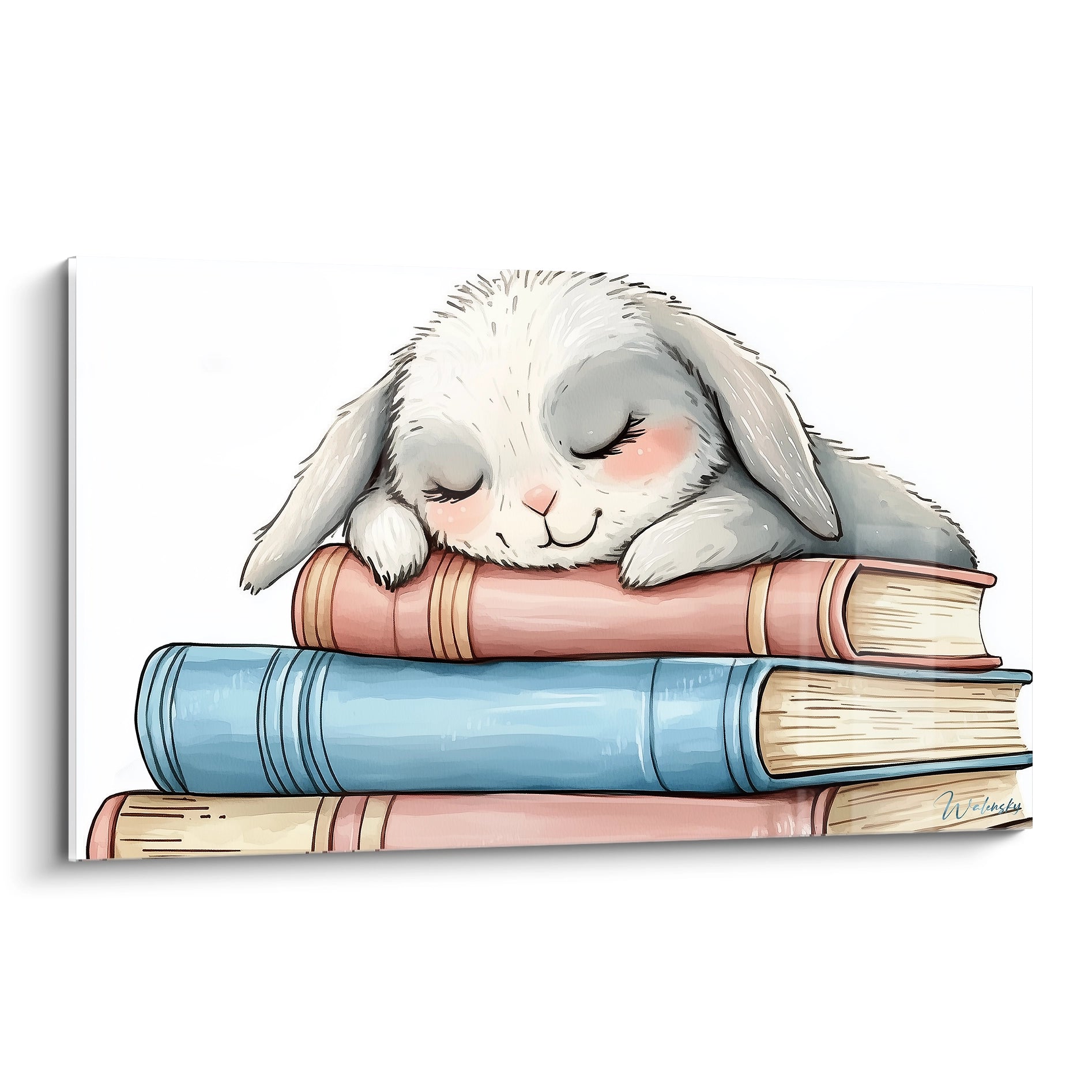 Un tableau enfant illustrant un lapin gris et blanc endormi sur des livres bleus et roses, avec des textures douces et un effet aquarellé sur fond clair.

