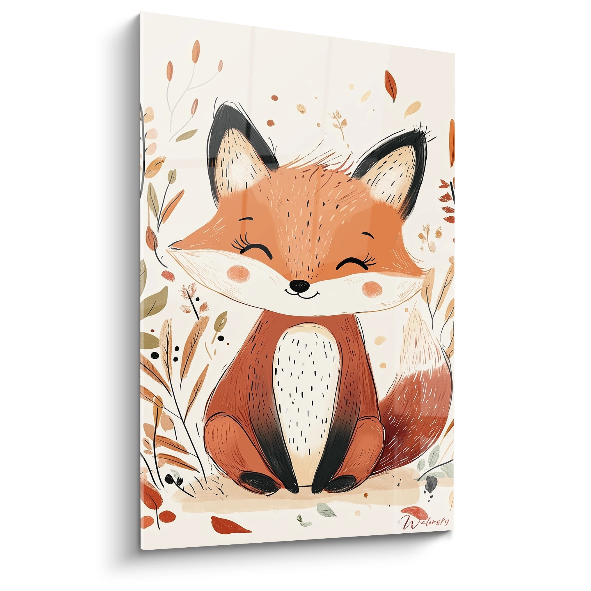 Un tableau enfant illustrant un renard aux teintes orange et beige, entouré de petites branches et feuilles. Le fond est doux et texturé, avec des lignes fines et des détails subtils.

