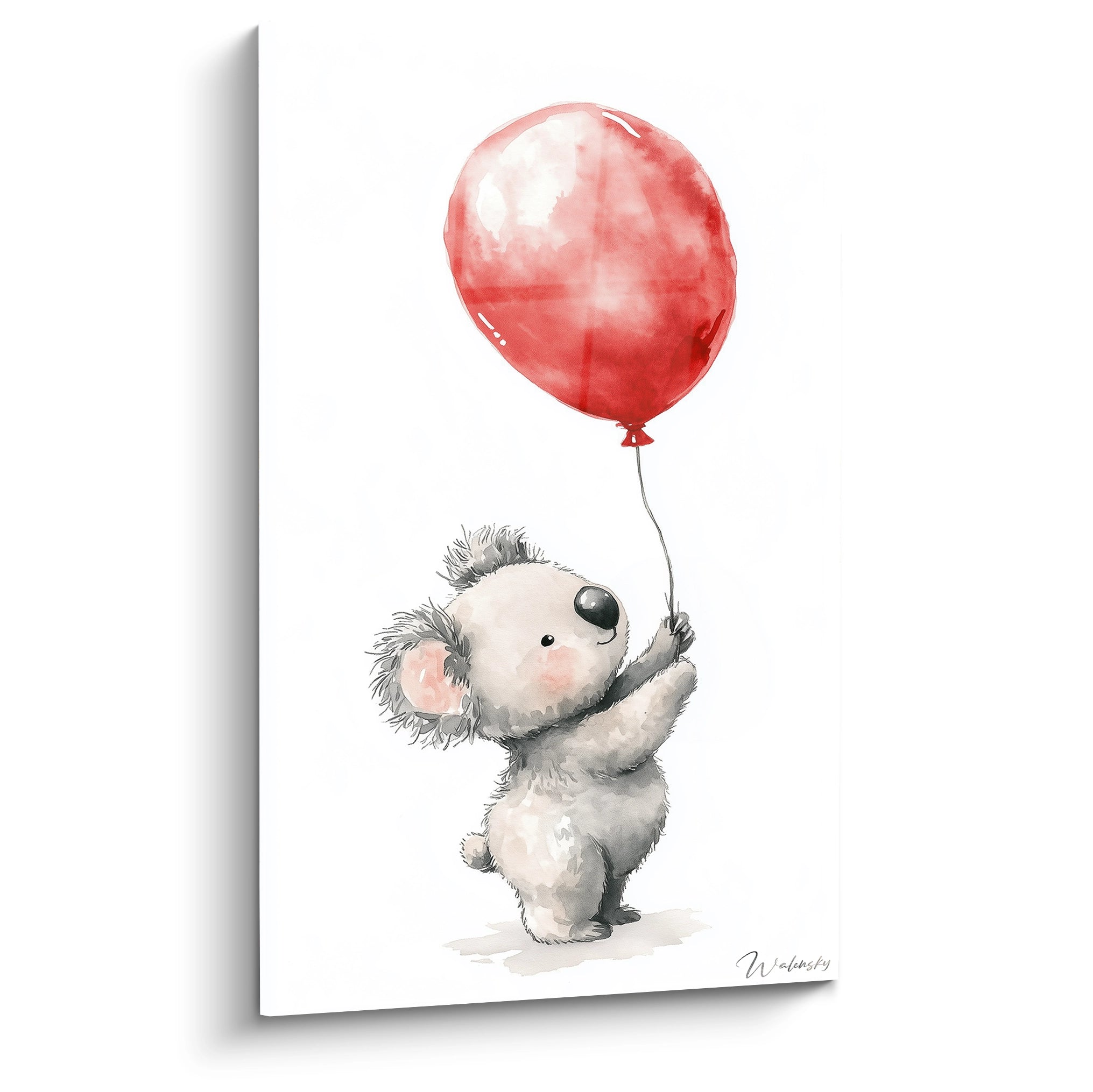 Un tableau pour enfant illustrant un koala gris tenant un ballon rouge sur fond blanc, avec une texture aquarelle douce et des contours légèrement floutés.

