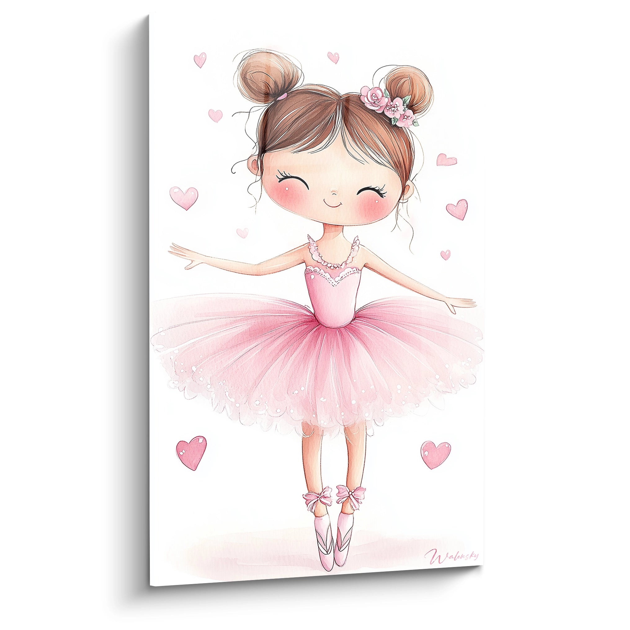 Un tableau princesse pour enfant représentant une ballerine stylisée en tenue rose, avec un tutu en dégradé de blanc et or rose, sur fond clair décoré de petits cœurs flottants.

