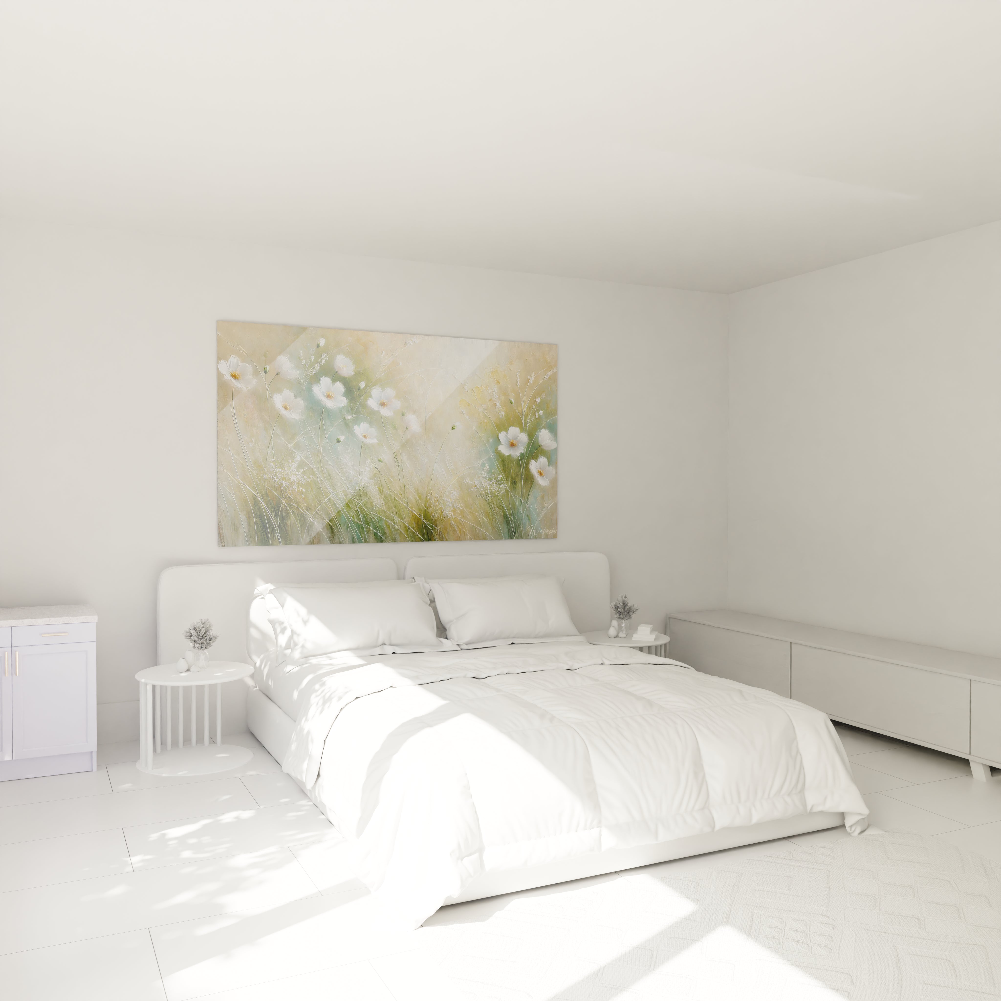 tableau Printemps au dessus du lit dans une chambre apportant une ambiance de calme et de fraicheur. Les fleurs lumineuses et les couleurs douces creent un espace serein et propice au repos

