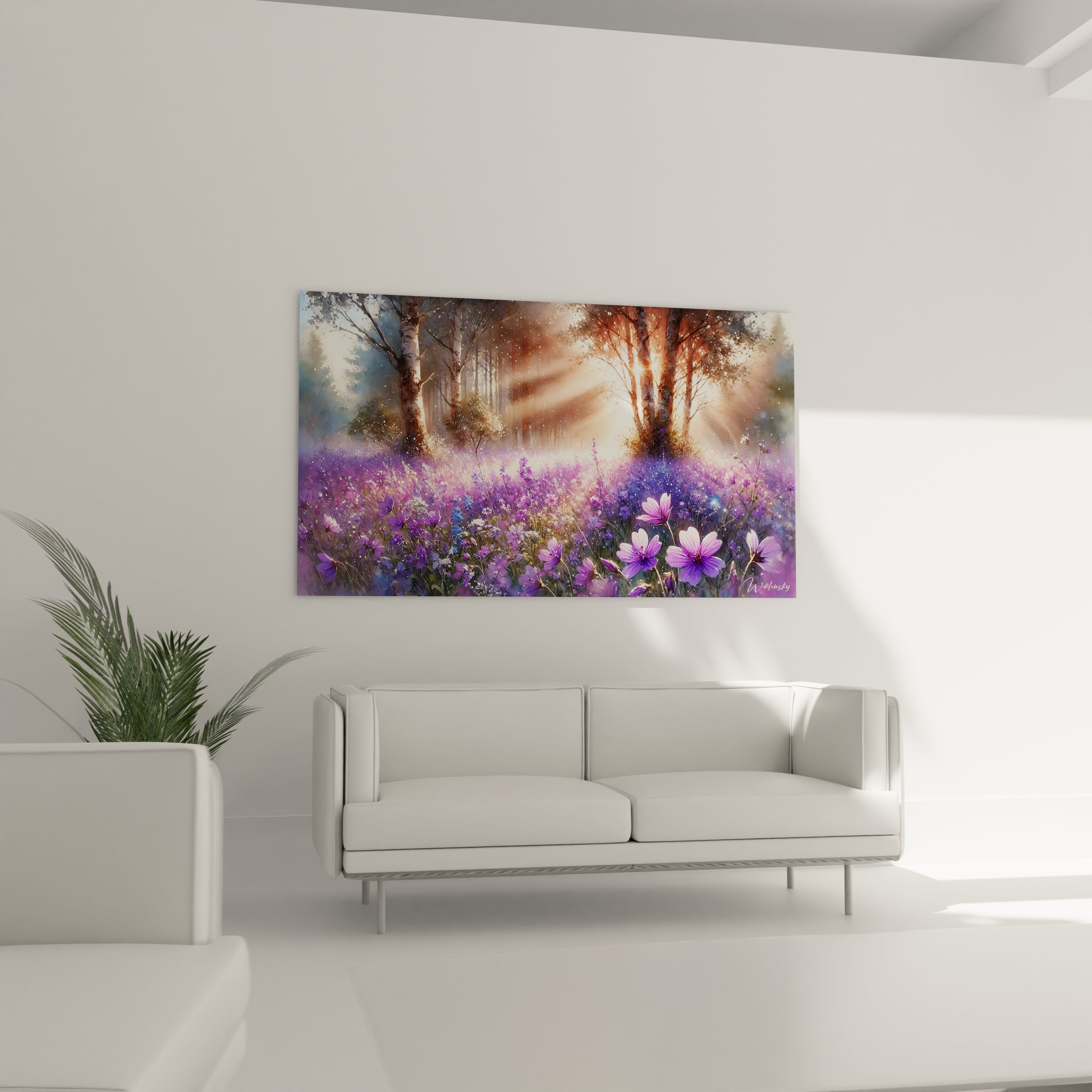 tableau Printemps accroche dans le salon au-dessus du canape apporte une touche de nature et de serenite. Les nuances envoûtantes de violet bleu et or rose illuminent la piece d une chaleur printaniere.

