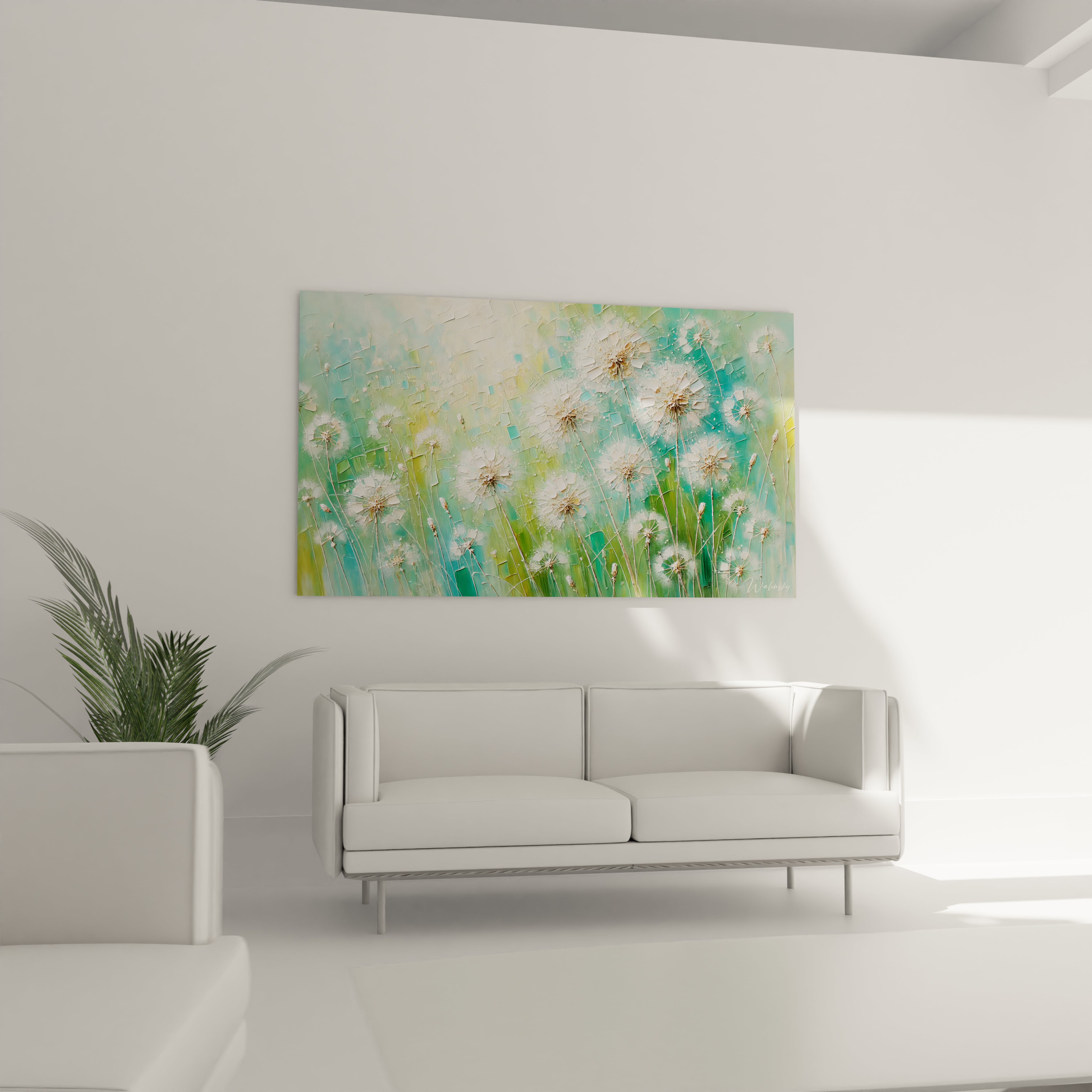 tableau Printemps au dessus d un canape dans un salon lumineux Une touche de nature et de serenite avec des pissenlits en fleurs evoquant la douceur du printemps et l harmonie visuelle

