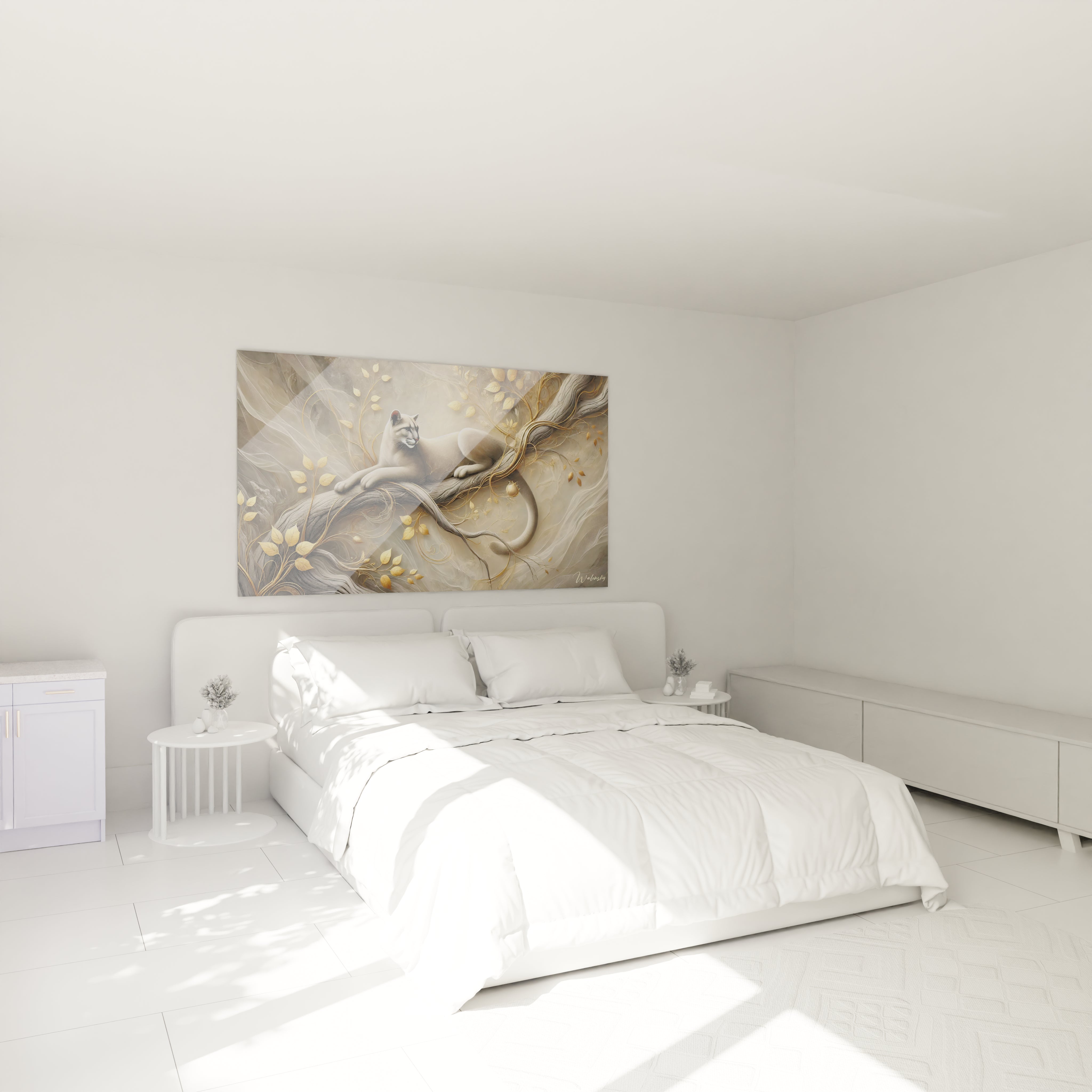 Tableau puma dans une chambre : ideal pour une ambiance apaisante, ce tableau accroche au dessus du lit evoque serenite et connexion avec la nature grace a ses tons beiges et ses motifs organiques.

