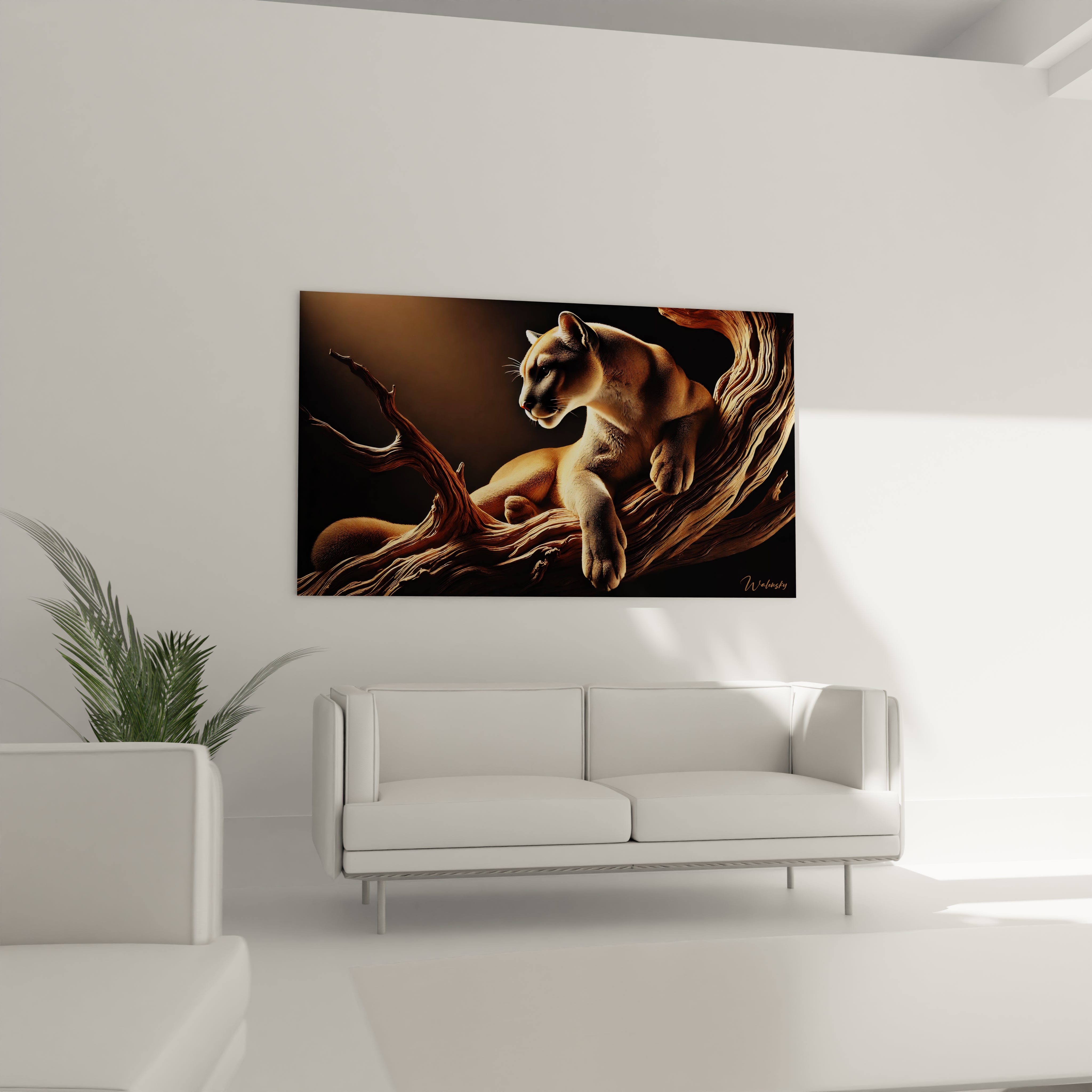 Transformez votre salon en un espace de contemplation grace a ce tableau puma suspendu au-dessus du canape sa texture riche et ses details realistes captivent le regard

