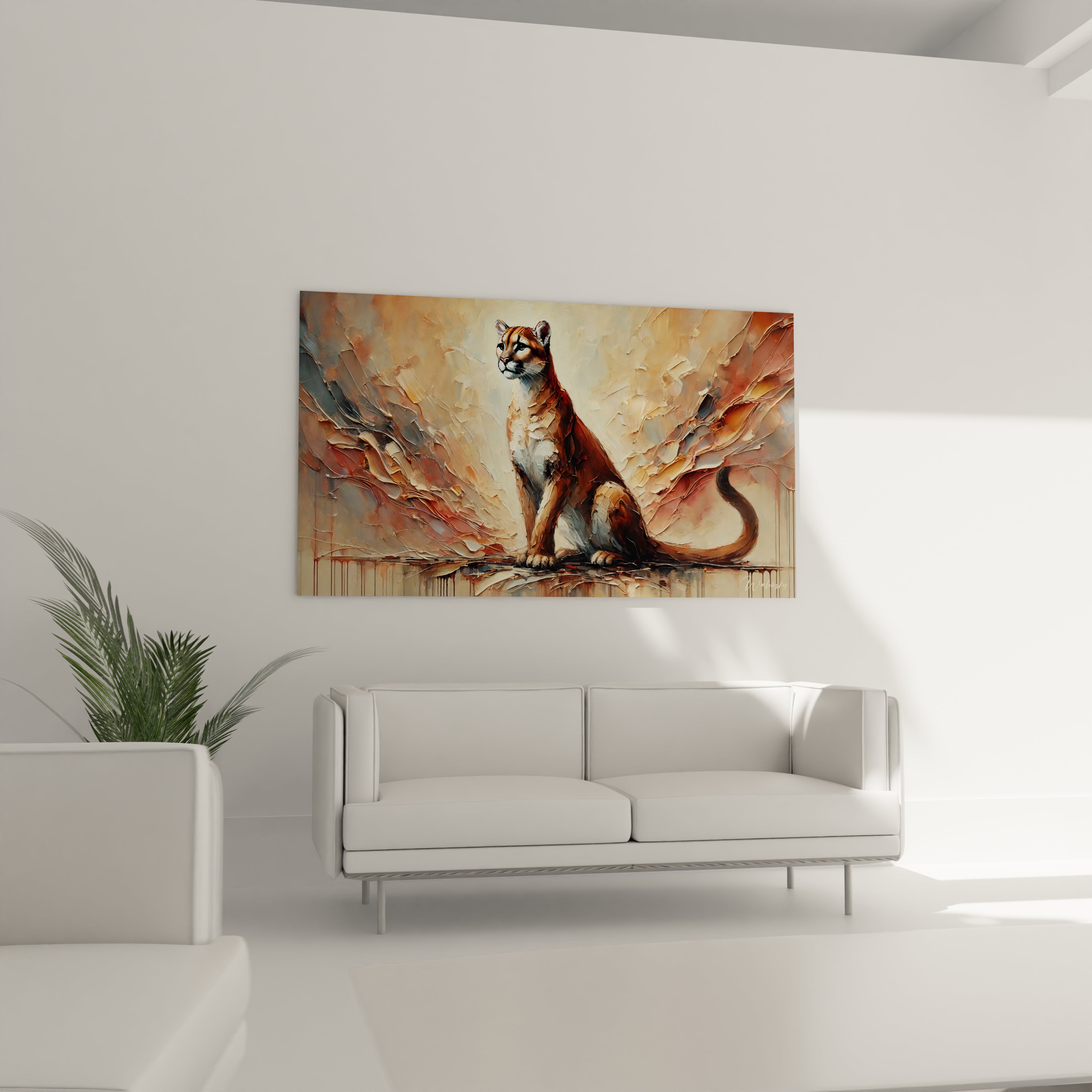 Dans le salon, ce tableau puma accroché au-dessus du canapé impose une ambiance chaleureuse et majestueuse, parfait pour sublimer un décor avec une touche artistique unique.

