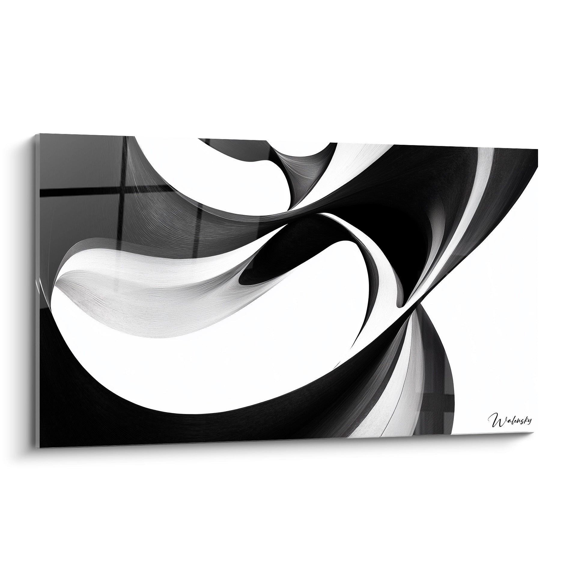 Un tableau rayures noir et blanc représentant des formes ondulantes et fluides qui s'entrecroisent, créant un effet de mouvement perpétuel. Les lignes courbes noires contrastent fortement avec le fond blanc immaculé, produisant une illusion de profondeur et de dimension tridimensionnelle.
