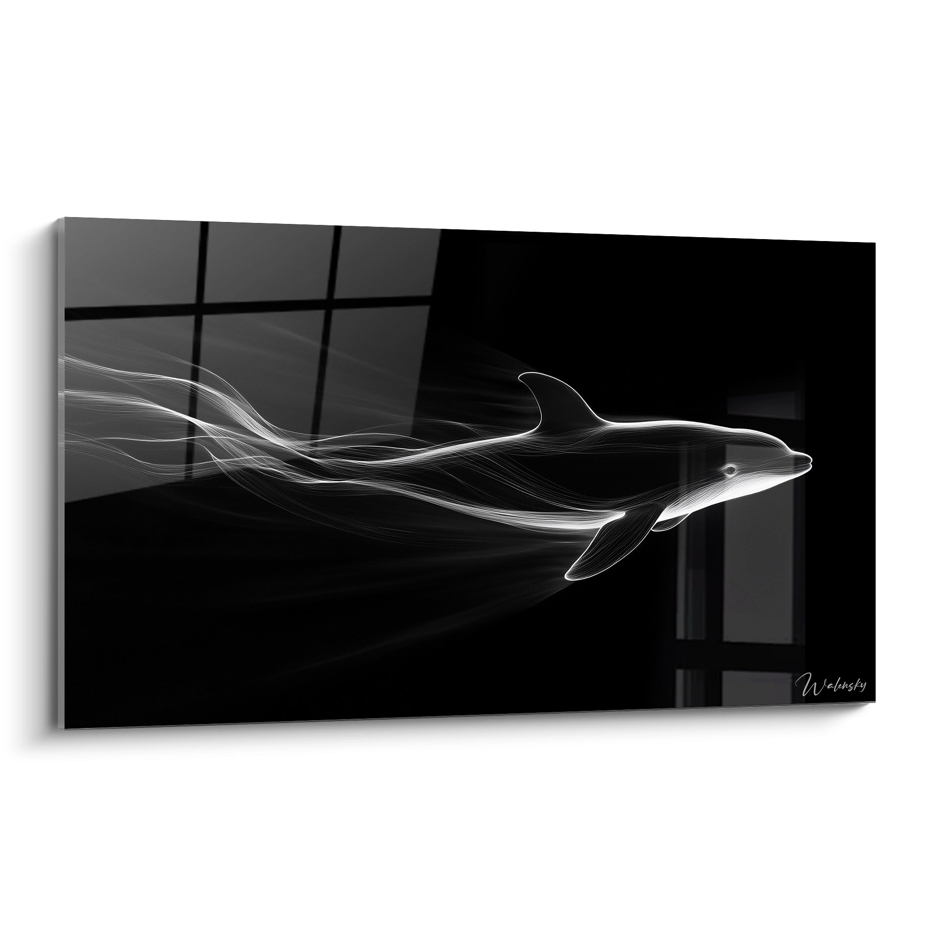 Un tableau dauphin minimaliste composé uniquement de fines lignes blanches sur fond noir, représentant un dauphin en plein mouvement. Les contours fluides et superposés créent une impression de déplacement gracieux à travers l'espace sombre, évoquant une silhouette lumineuse dans les profondeurs marines.
