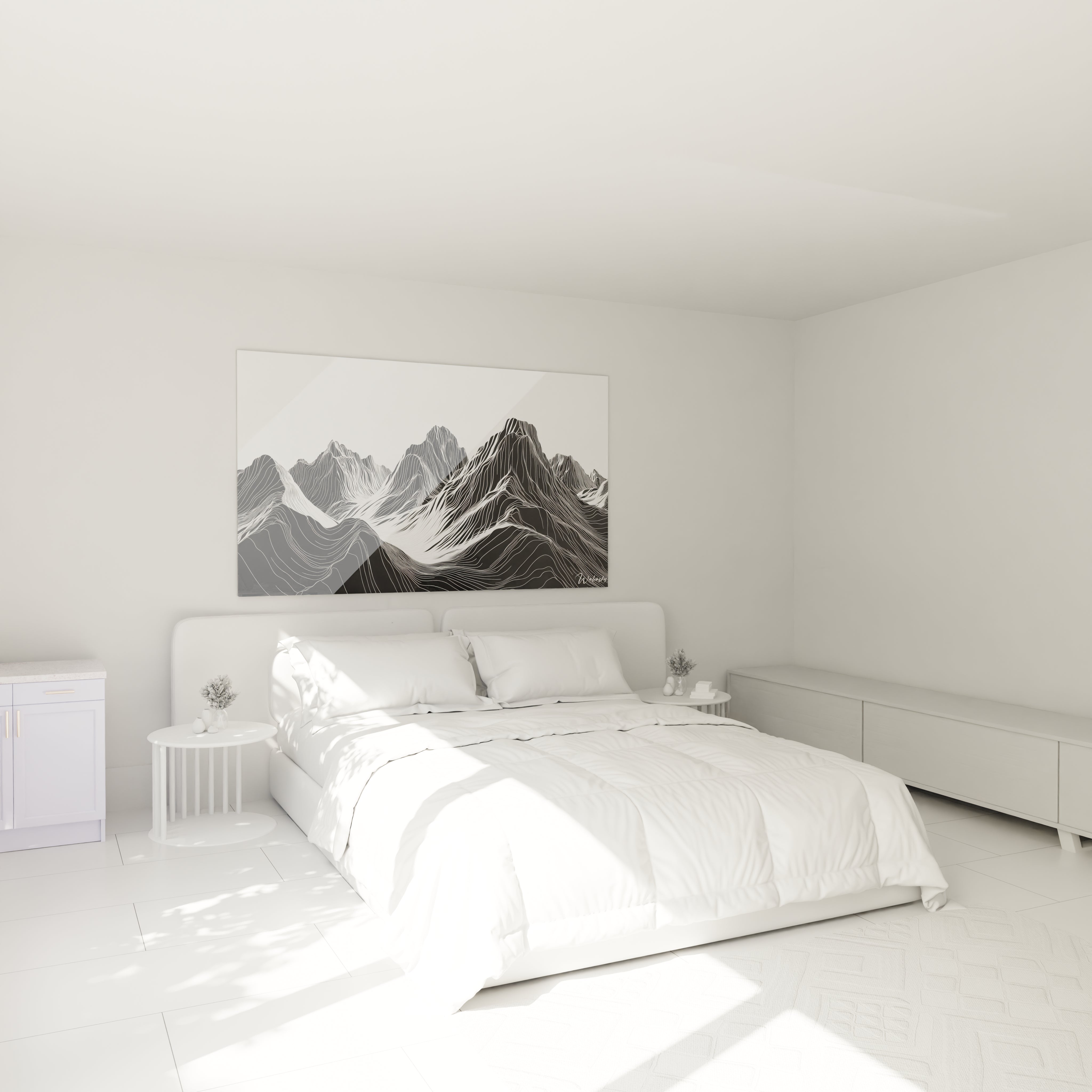 Un tableau montagnes minimaliste illustrant un panorama de reliefs aux traits fins et précis. La composition graphique joue sur l'alternance du noir et blanc pour définir les vallées et sommets, créant une profondeur visuelle par la densité variable des lignes qui suivent parfaitement les contours naturels du terrain.
